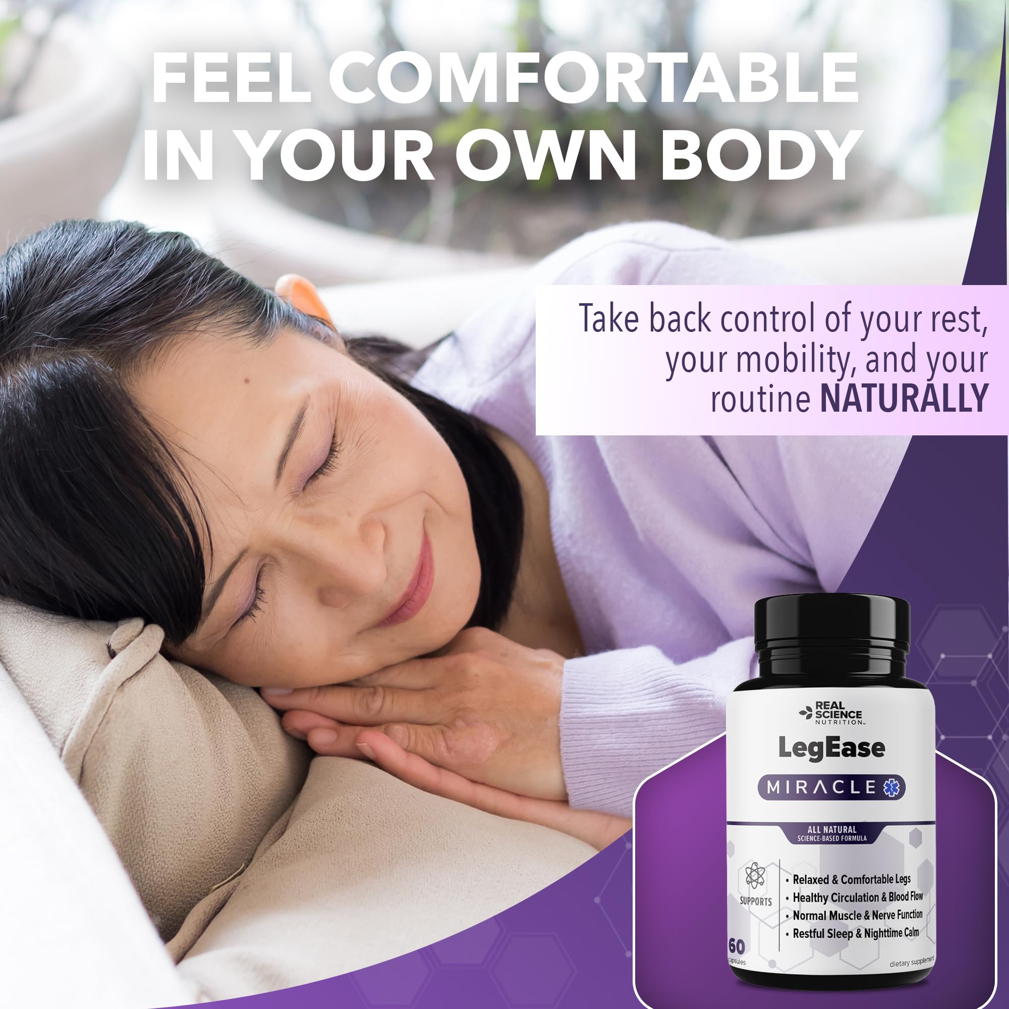 Real Science LegEase Miracle – All Natural Restless Legs Syndrome Relief & Leg Cramp Supplement with Vitamins C, D, K, B6, B12 + Nitric Oxide Support – Sleep & Circulation Aid – Made in USA, 60 Caps Real Science Nutrition Au supplements
