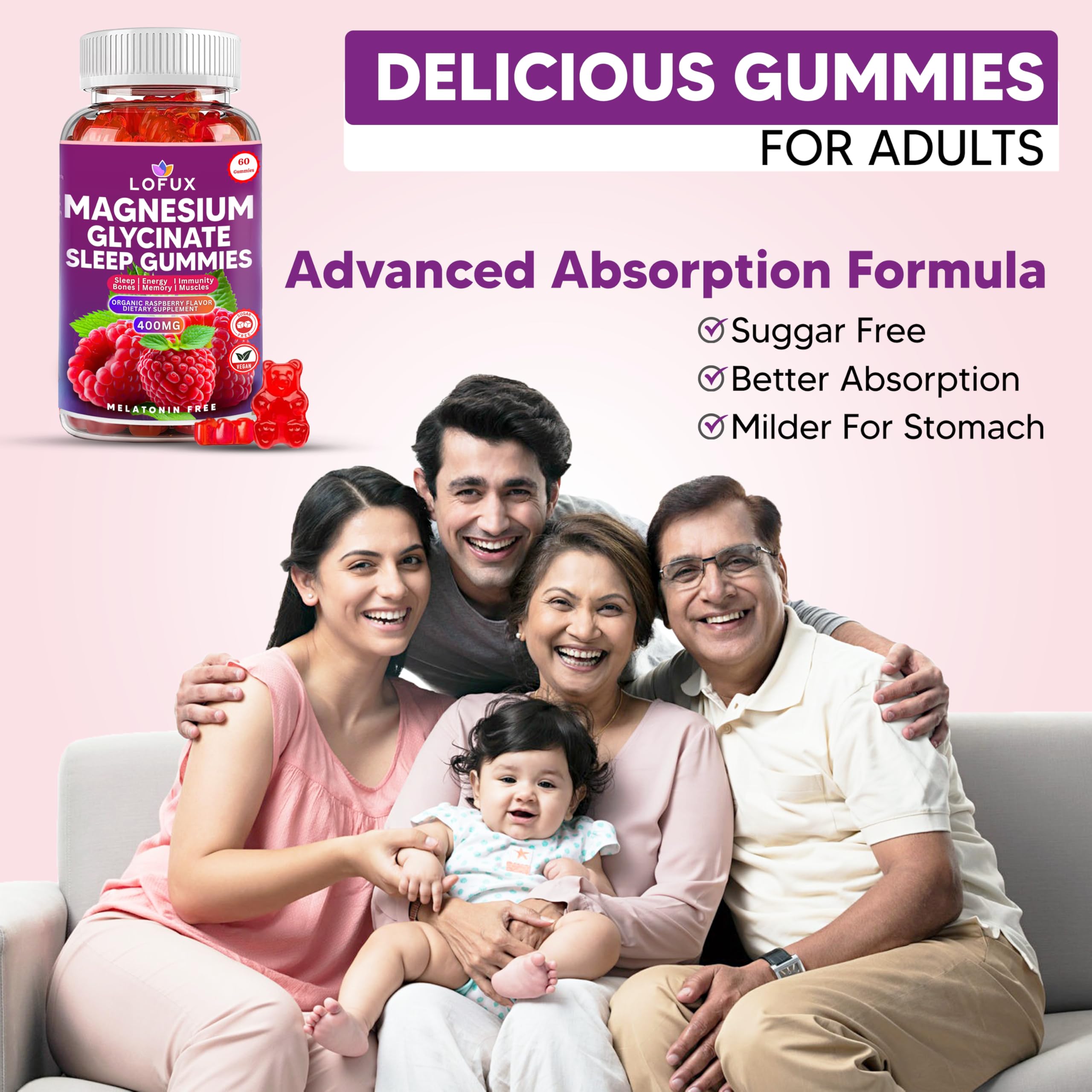 Lofux Magnesium Glycinate Gummies 400mg, Sugar Free Magnesium Gummies for Adults Women, Men, Chewable Supplement Gummy with L-Threonate, Vitamin D, B6, CoQ10 - for Calm, Sleep, Body Relaxation, 120 Ct Lofux Au supplements