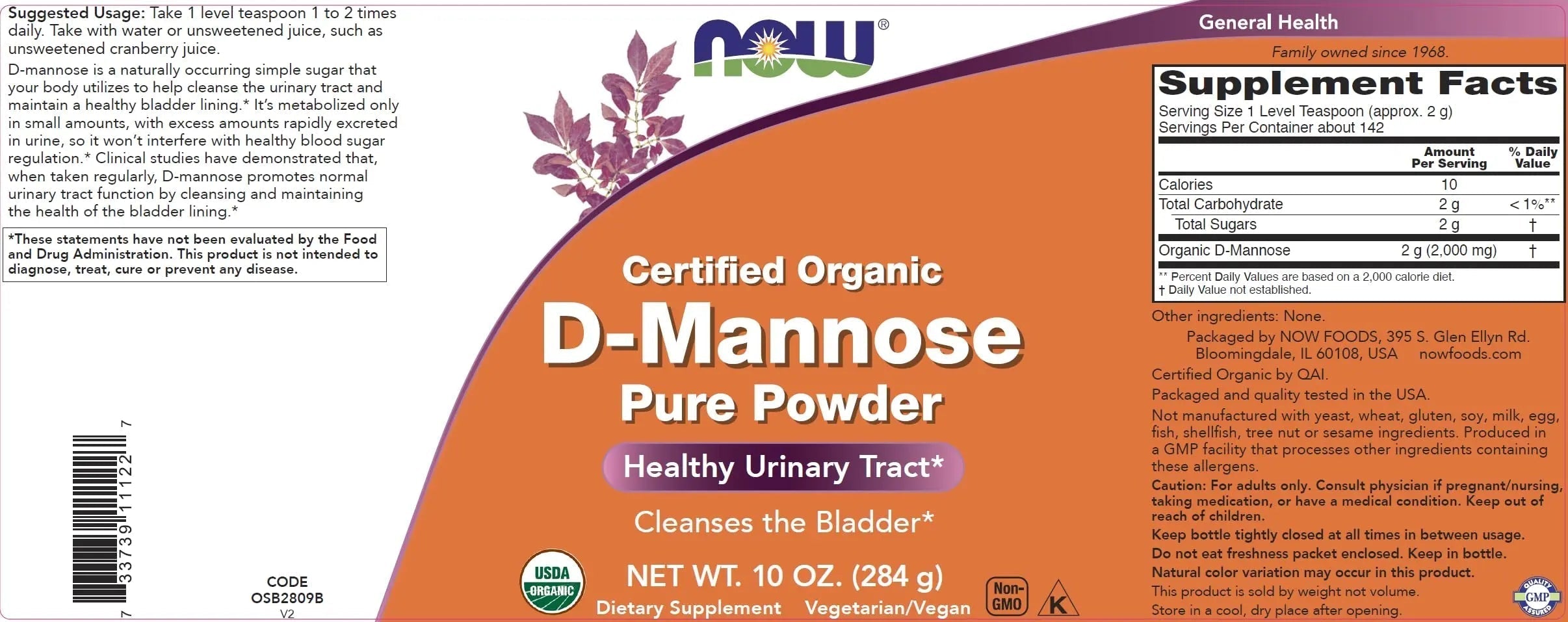 NOW Foods Pure, Organic D-Mannose 10 oz Powder - Bladder Cleanse and Urinary Tract Health Supplement - Non-GMO - Vegan Friendly - 2000mg / 2 Grams per Serving NOW Foods Au supplements