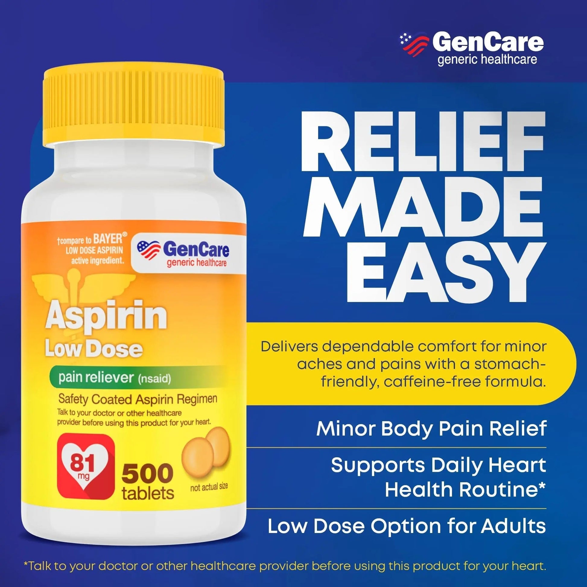 GenCare - Low Dose Aspirin 81mg for Adults Coated (NSAID) 500 Tablets | Adult Low Dose | Enteric Coated Aspirin Pills | Muscle Pain & Menstrual Pain Relief | Fever Reducer | Generic Bayer GenCare Au supplements