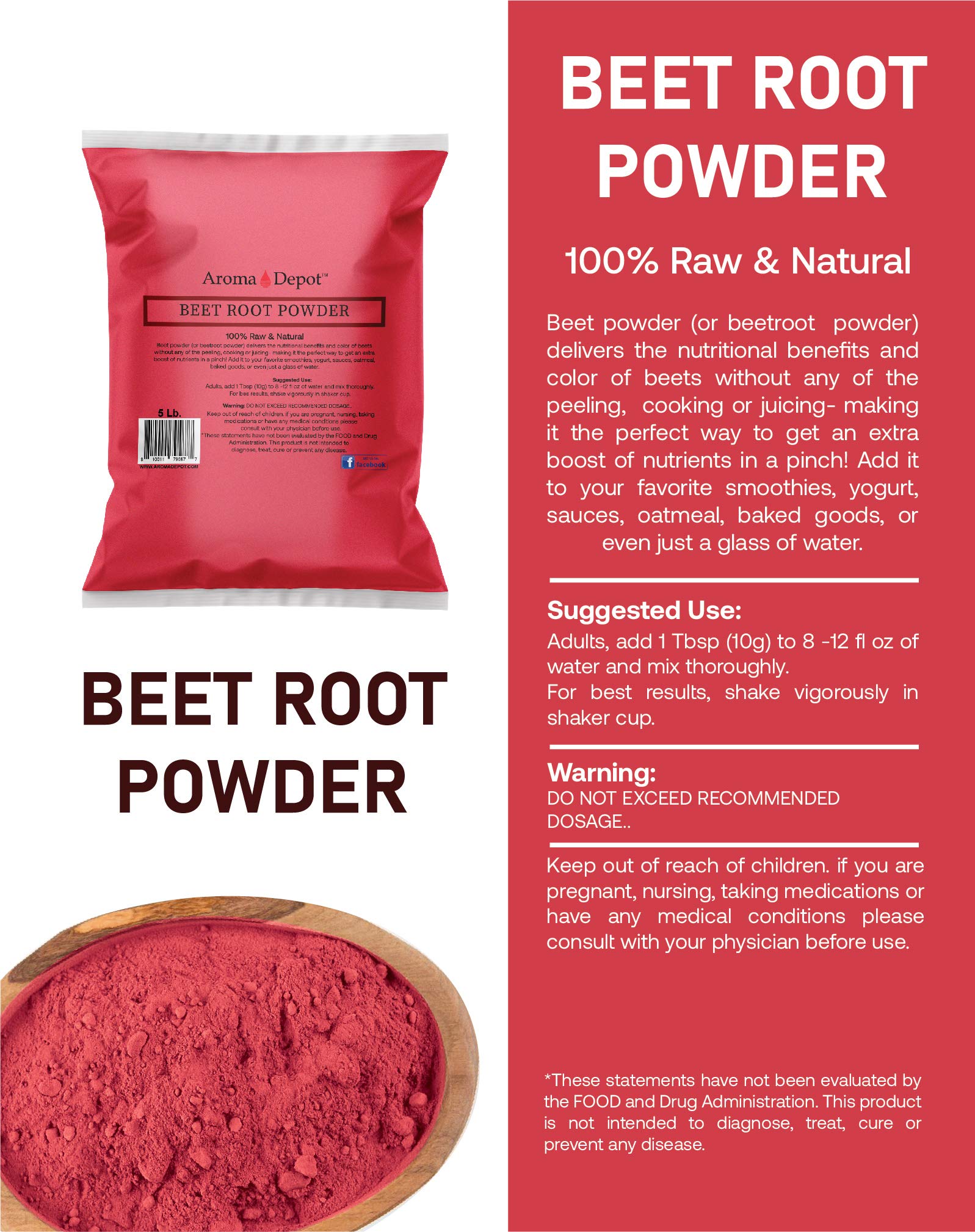 Beet Root Powder 5 lb. by Aroma Depot Raw & Non-GMO I Vegan & Gluten Free I Nitric Oxide Aroma Depot Au supplements