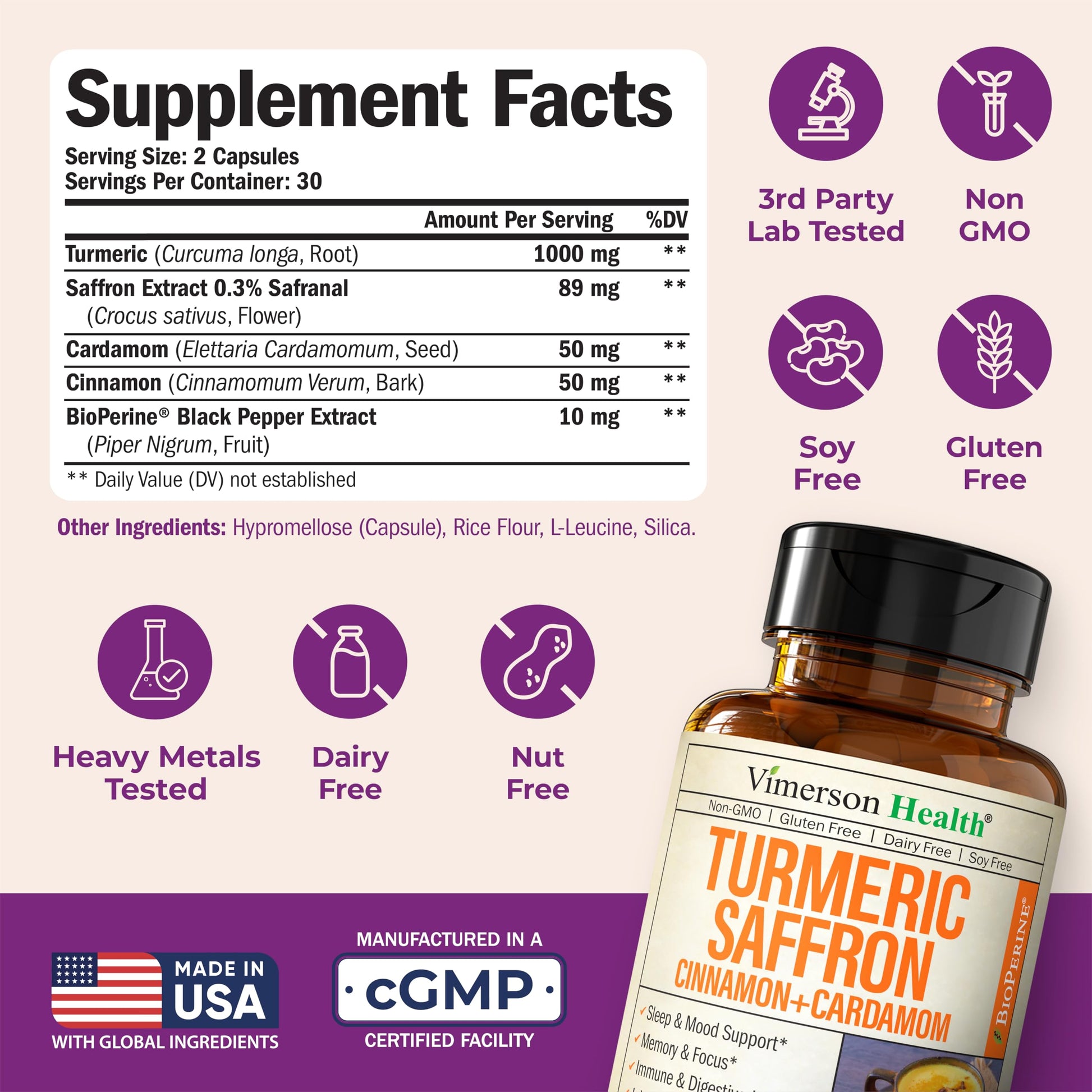 Saffron Supplements – 89mg Saffron Extract, 1000mg Turmeric Curcumin, Ceylon Cinnamon & Cardamom – Daily Mood, Joint & Metabolic Support – Joint Supplements for Women & Men – 60 Capsules Vimerson Health Au supplements