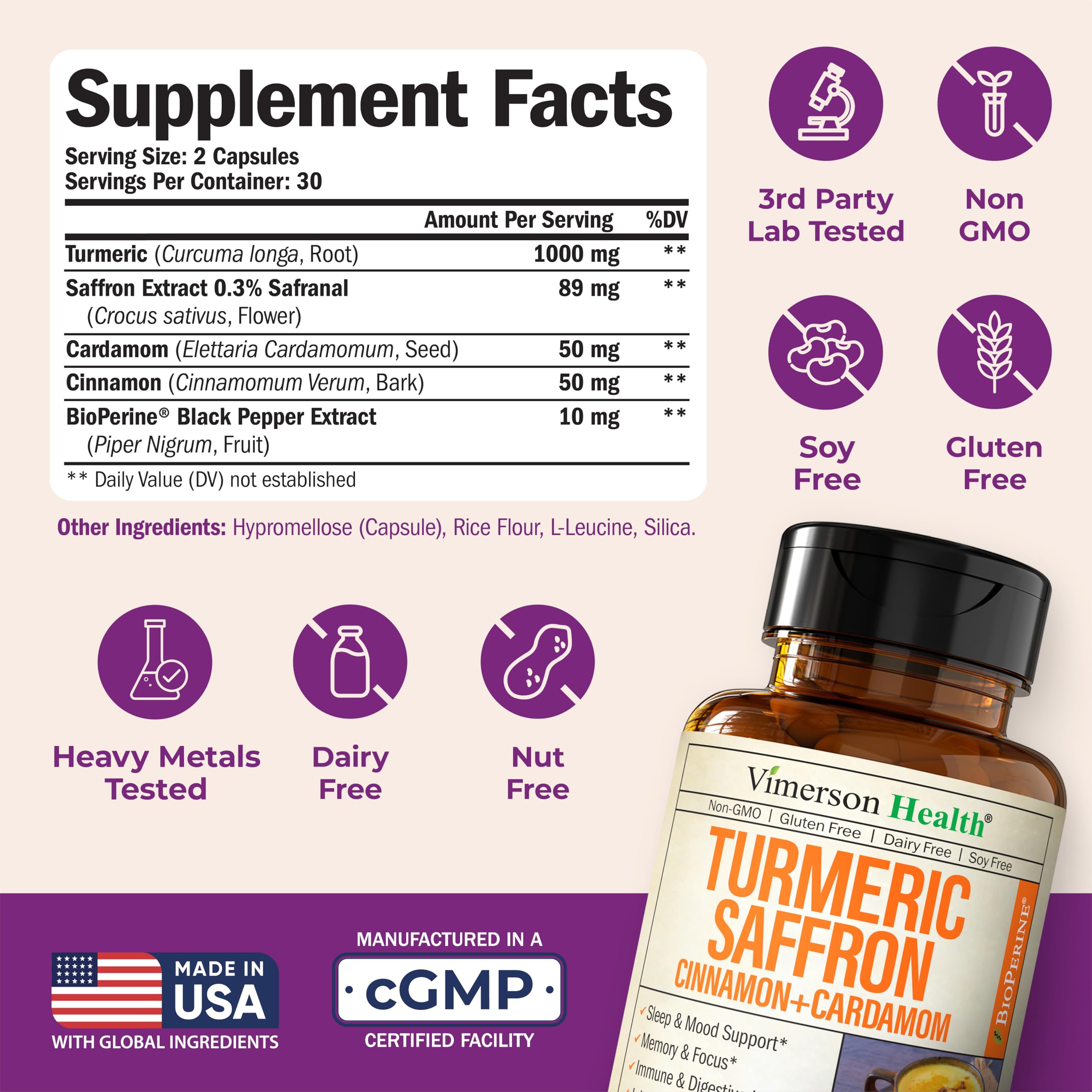 Saffron Supplements – 89mg Saffron Extract, 1000mg Turmeric Curcumin, Ceylon Cinnamon & Cardamom – Daily Mood, Joint & Metabolic Support – Joint Supplements for Women & Men – 60 Capsules Vimerson Health Au supplements