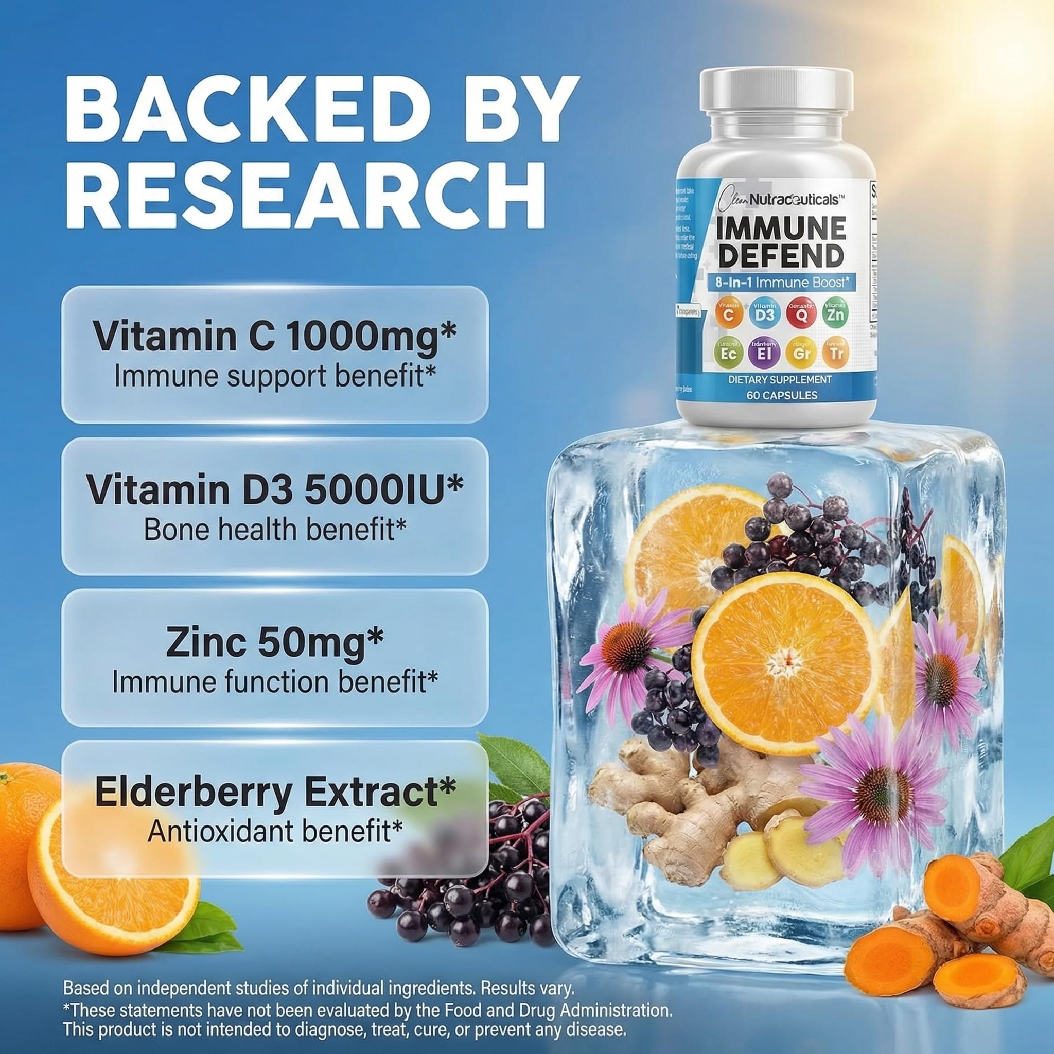 Clean Nutraceuticals Immune Defense Support Supplement 8 in 1 with Zinc 50mg Quercetin, VIT C 1000mg, Vitamin D3 5000 IU, Elderberry, Ginger - Immunity System Booster for Adults, Vegan - 60 Count Clean Nutraceuticals Au supplements