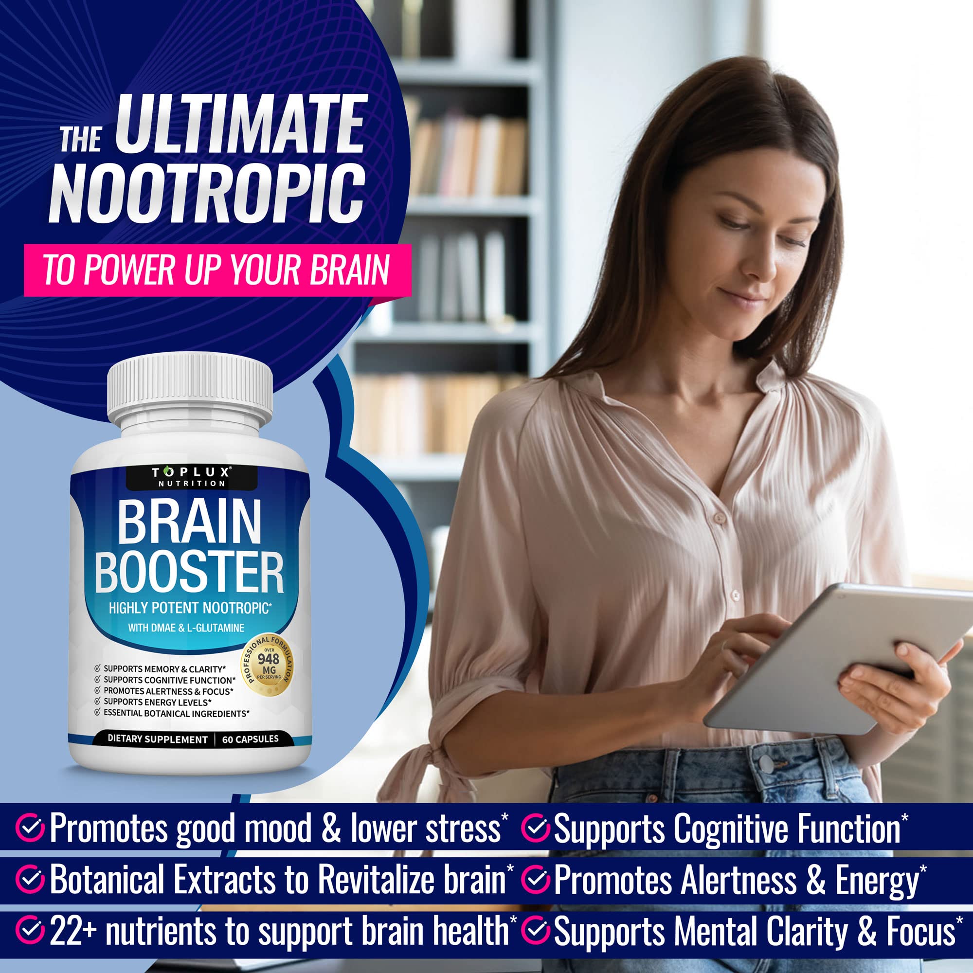 Toplux Brain Supplement Nootropic – Brain Pills Vitamin with DMAE, Bacopa Monnieri, L-Gutamine, for Men Women, 60 Capsules, Nutrition Toplux Au supplements