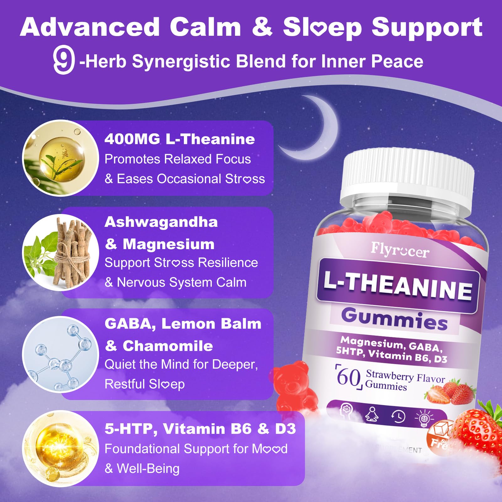 Sugar Free L-Theanine Gummies, L Theanine Supplement for Adults & Kids, L'Theanine with Ashwagandha, Magnesium, 5HTP & GABA - Support Calm, Relax, zzZ, Focus, Vegan Strawberry Flavor, 60 Count Flyrocer Au supplements