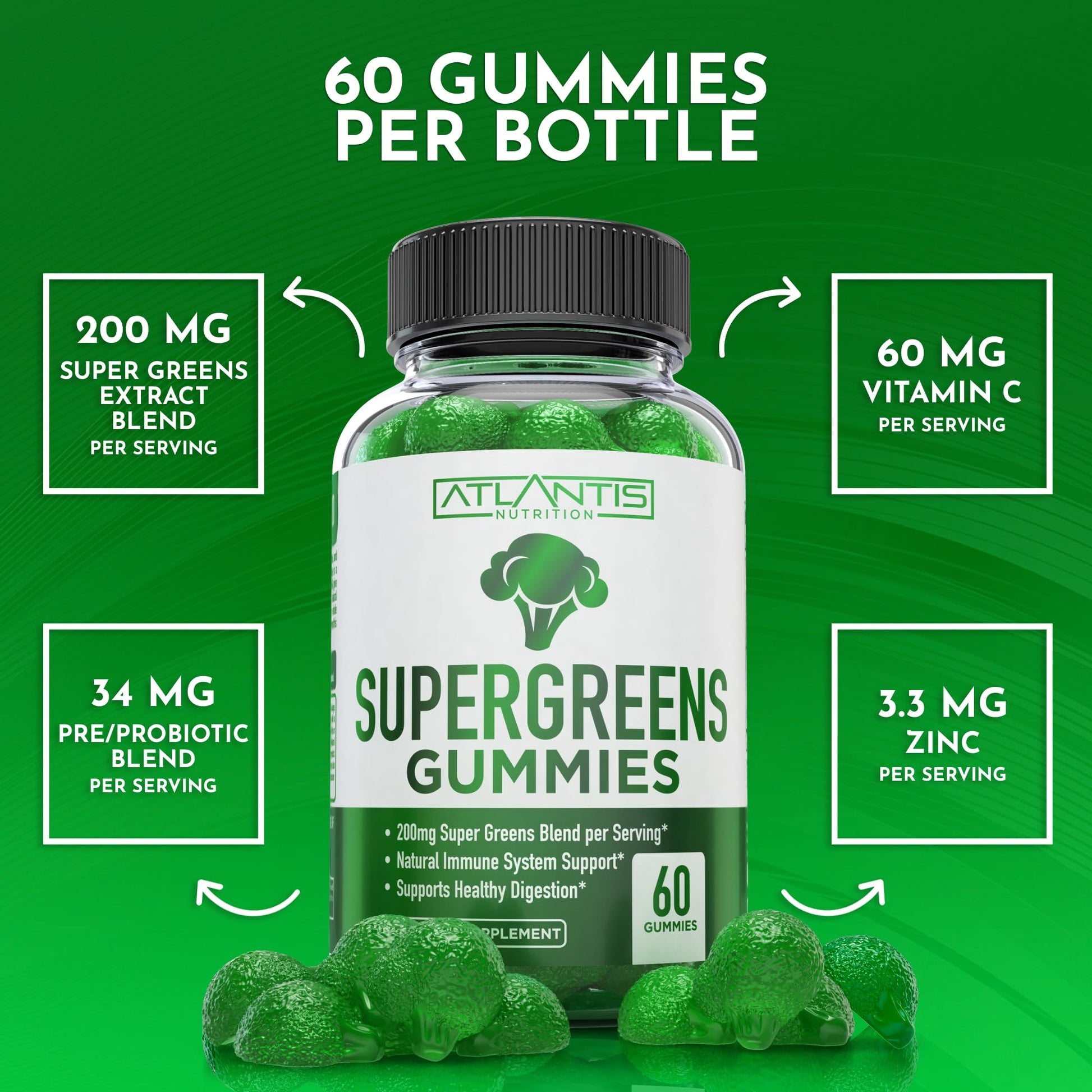 Atlantis Nutrition Supergreens Gummies - Daily Green Superfoods Supplement with Spinach, Broccoli, Moringa, Beet Root, Celery, Green Tea, & Acai for Immunity Support - Natural Raspberry Flavor, 60 cnt Atlantis Nutrition Au supplements