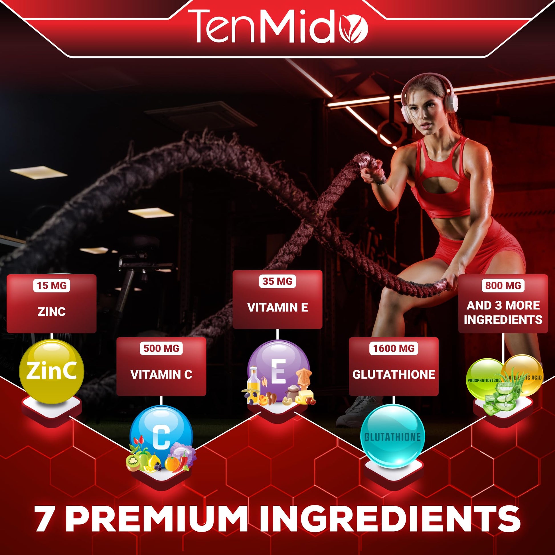 Tenmido Liposomal Glutathione Supplement - 7in1 Liquid Drops with Zinc, Vitamin C, Vitamin E, Phosphatidylcholine, Hyaluronic Acid, and Aloe Vera - Vegan, Non-GMO - 30ml 1 Fl Oz Tenmido Au supplements