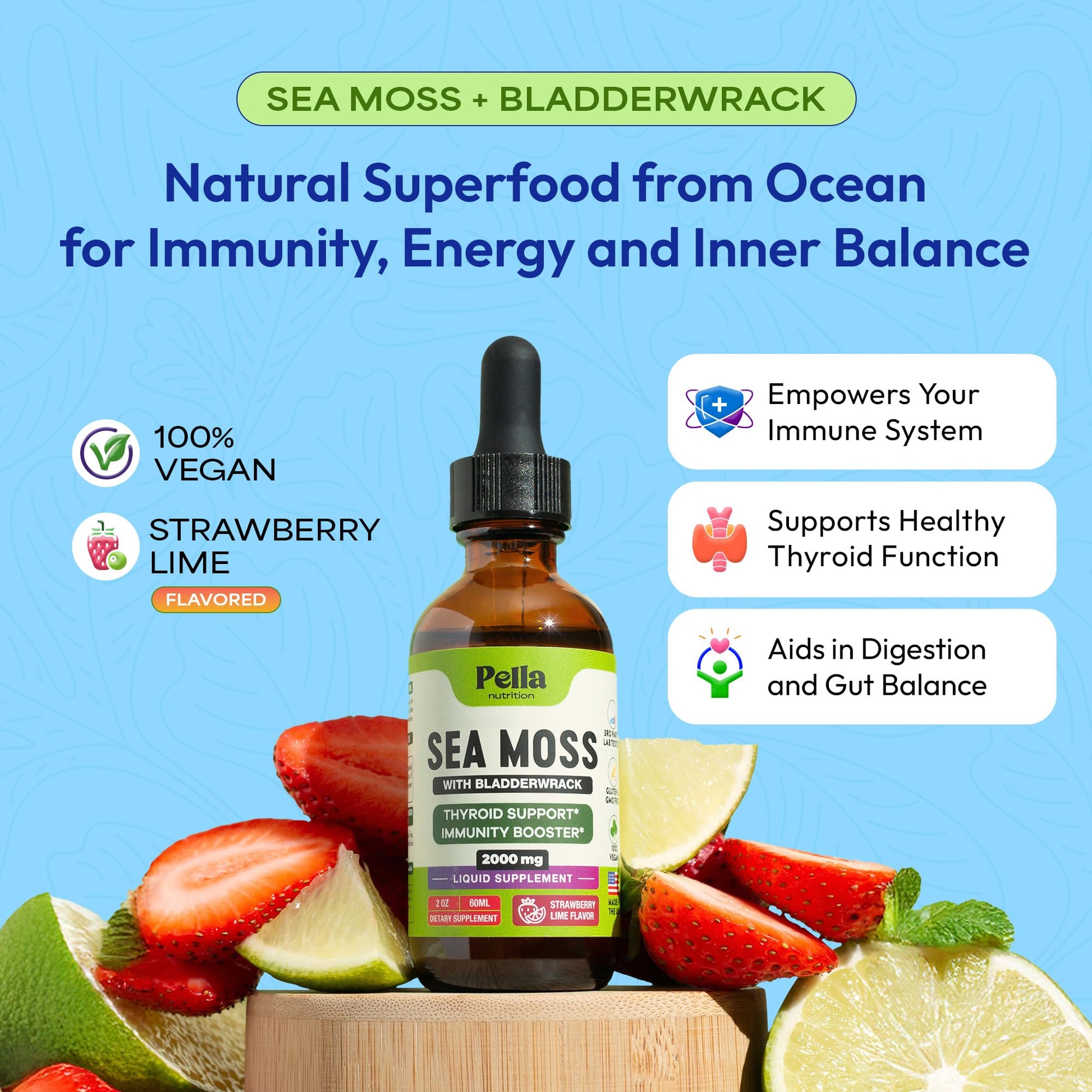 Pella Nutrition Sea Moss Drops with Bladderwrack – 4X Faster Absorption Than Irish Sea Moss Gel Superfood, Gummies, and Capsules – Digestive & Immune Support Supplement (Strawberry Lime, 60mL) Pella Nutrition Au supplements