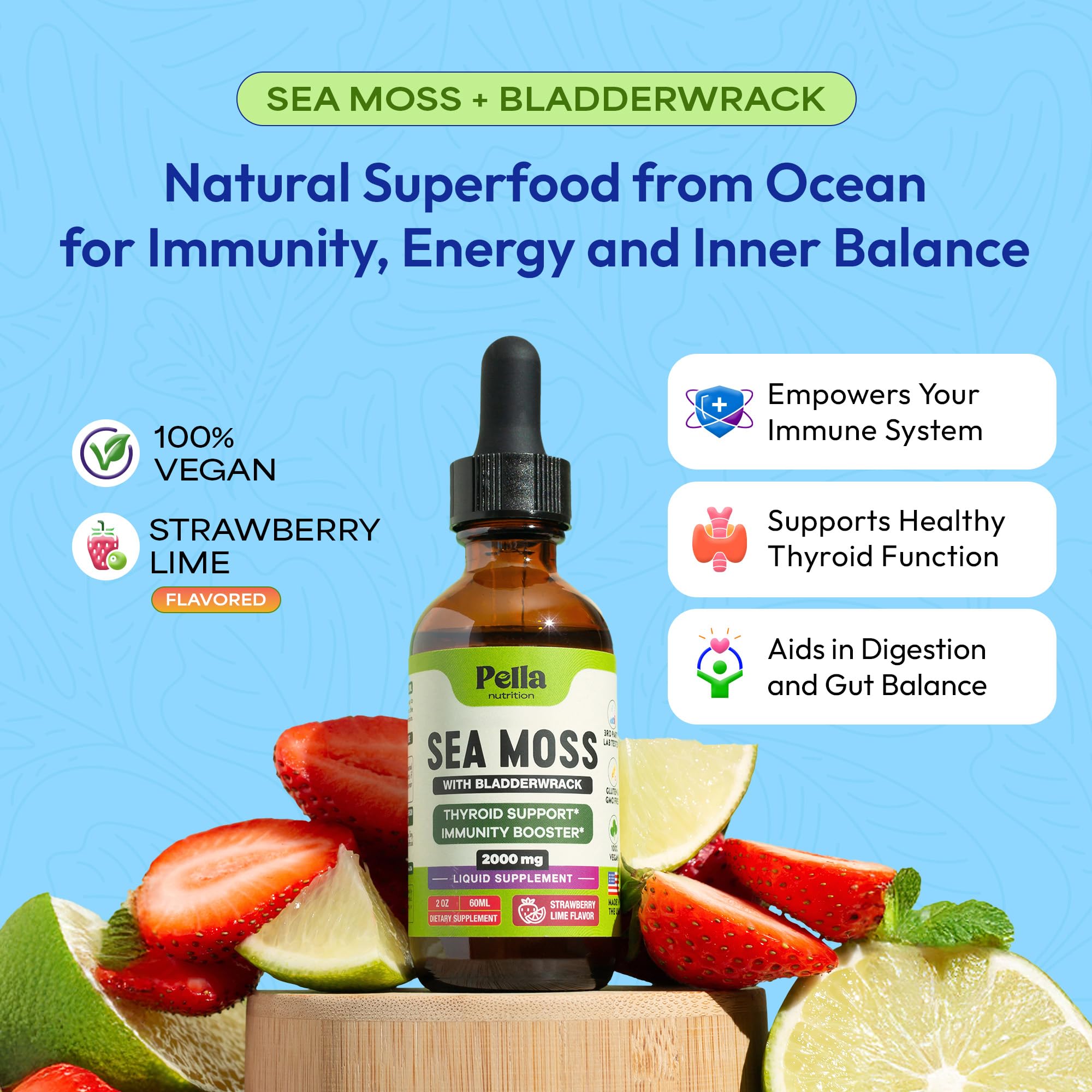 Pella Nutrition Sea Moss Drops with Bladderwrack – 4X Faster Absorption Than Irish Sea Moss Gel Superfood, Gummies, and Capsules – Digestive & Immune Support Supplement (Strawberry Lime, 60mL) Pella Nutrition Au supplements