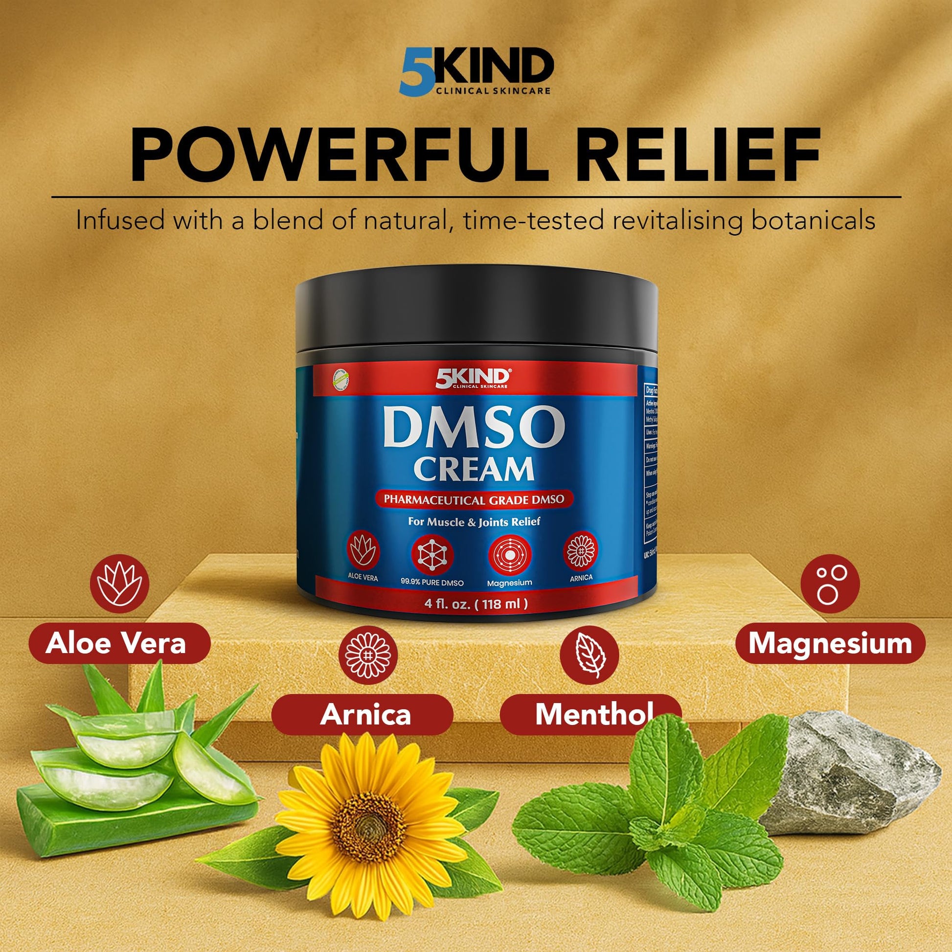 5Kind DMSO Cream for Pain Relief 4 fl oz - 99.9% Pure DMSO Pharmaceutical Grade Cream - Aloe Vera, Magnesium, Arnica & Menthol - Topical Muscle and Joint Pain Relief - Registered NDC - Made in USA 5kind clinical skincare Au supplements