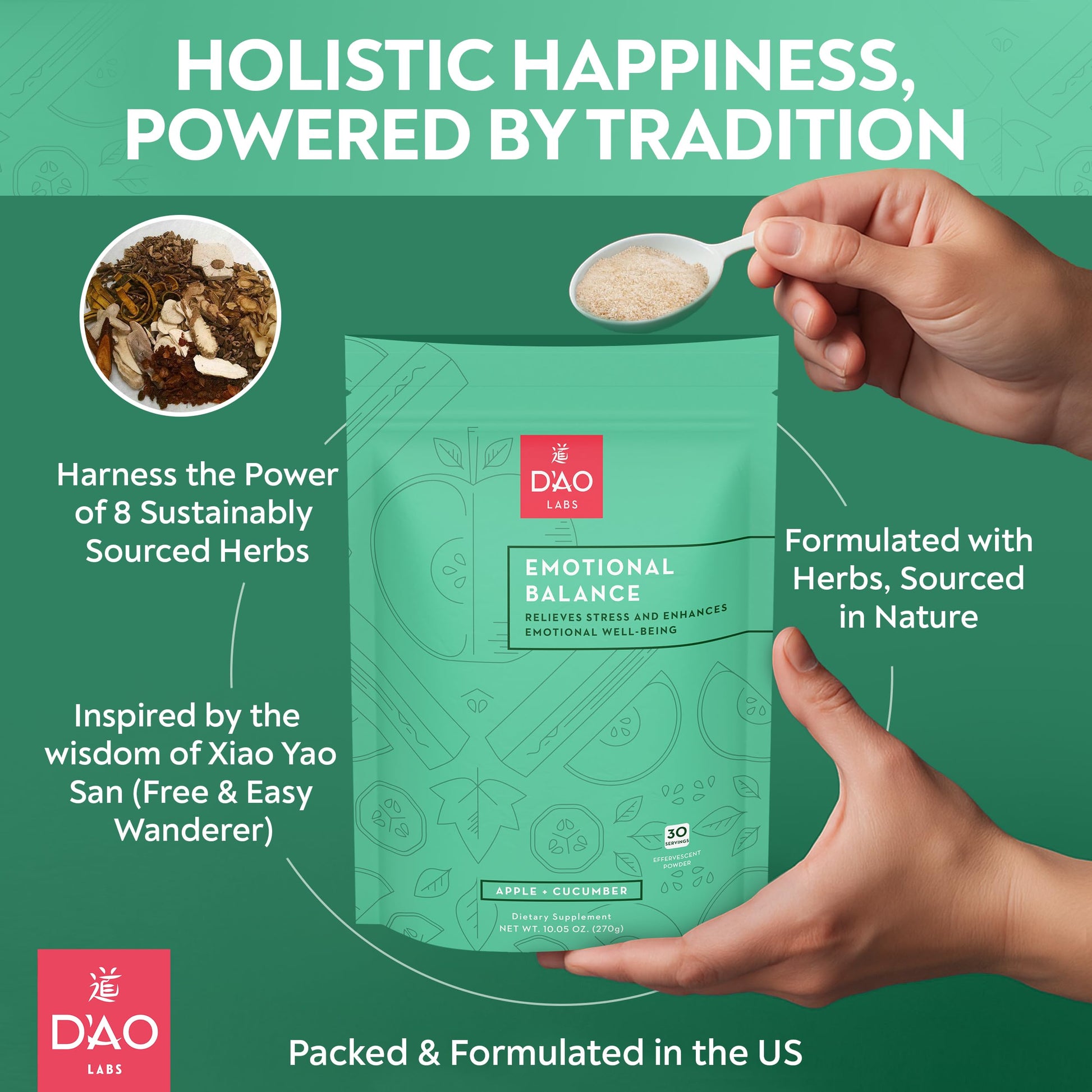 D'AO Labs Emotional Balance - Emotional Balance Powder - Calm & Stress Relief - Effervescent Powder with Apple-Cucumber Flavor - Xiao Yao San Traditional Chinese Herbal - 30 Individual Servings DAO Labs Au supplements