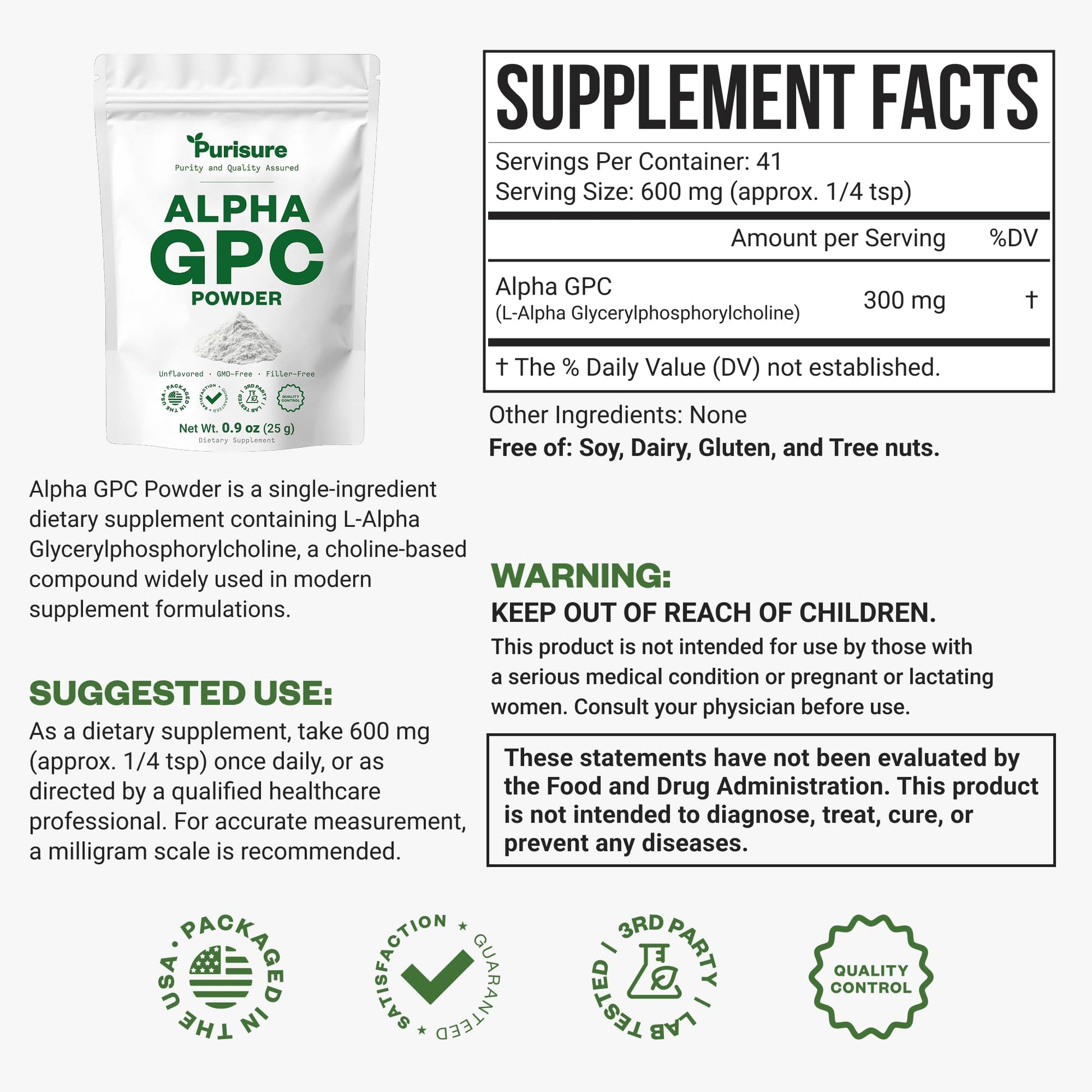 Purisure Alpha GPC Powder, 25 g, Pure Alpha GPC Choline Supplement for Brain and Focus, CDP Choline Supplements for Memory Performance & Concentration, No Fillers, Non-GMO, Offers 41 Servings Purisure Au supplements