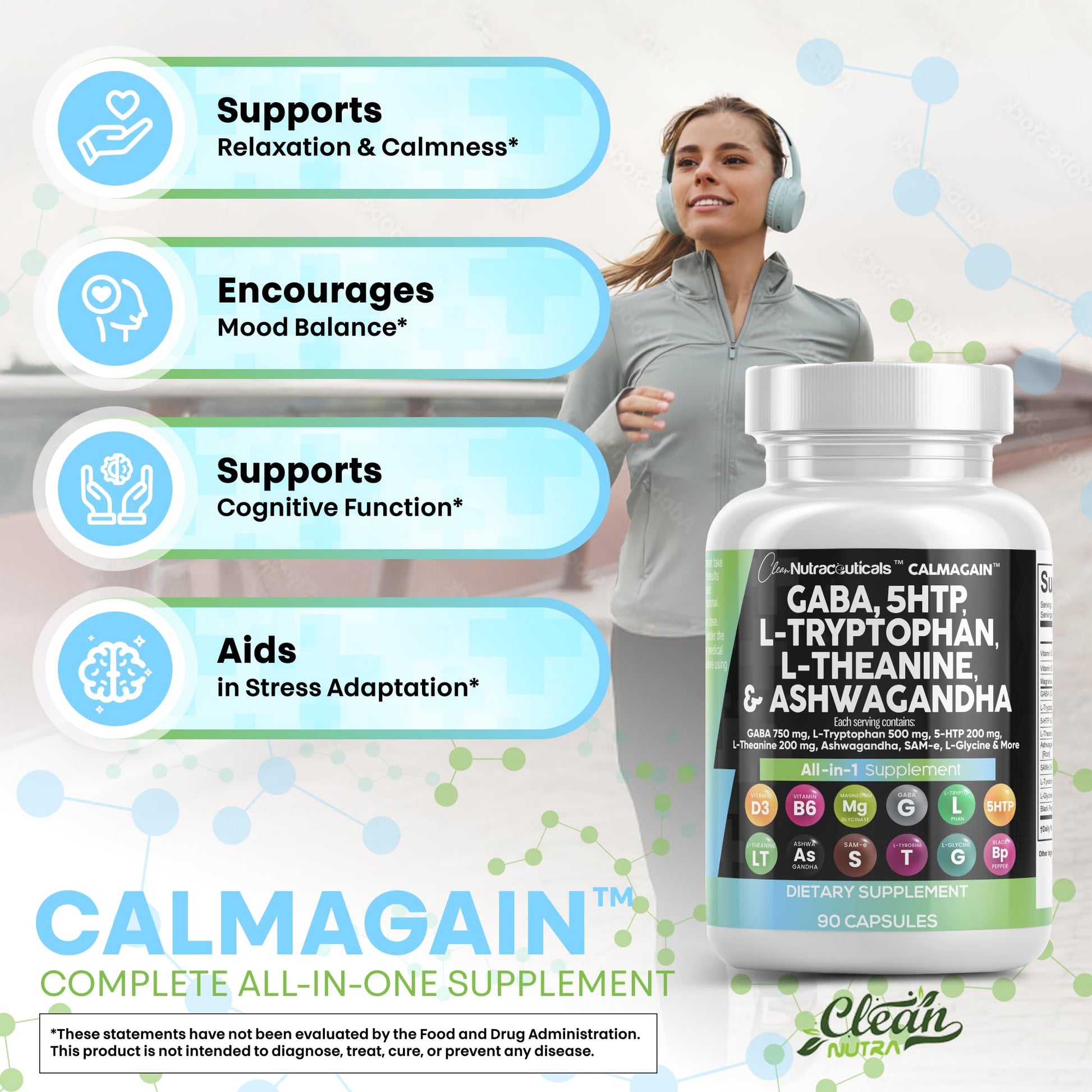 Clean Nutraceuticals GABA 750mg 5 HTP 200mg L Tryptophan 500mg L Theanine 200mg Ashwagandha SAM-e L-Glycine - Mood Support Vitamins for Women and Men with L-Tyrosine 5-HTP (5-Hydroxytryptophan) Clean Nutraceuticals Au supplements