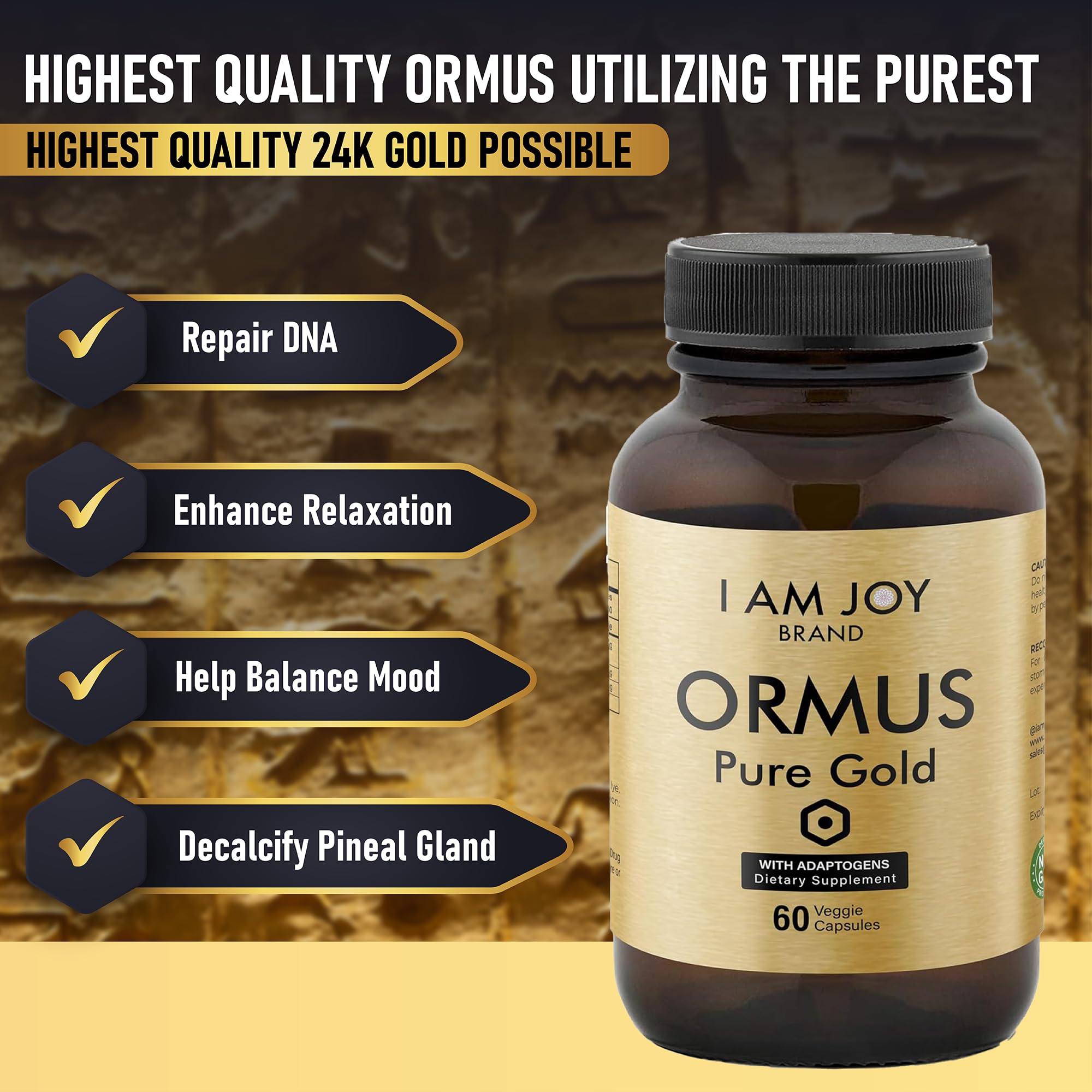 I Am Joy co. Ormus Gold Capsules Monoatomic Elements with Adaptogens Maca and Ashwaganda | May Help Balance Mood, Decalcify Pineal Gland, Repair DNA, Enhance Relaxation - 60 Vegan Capsules I Am Joy co. Au supplements