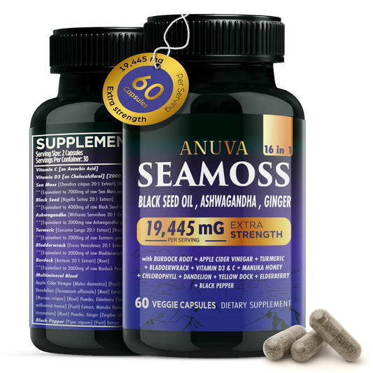 Anuva 16-in-1 Sea Moss Capsules | Black Seed Oil, Ashwagandha, with Vitamin C, D3, Turmeric, Burdock, Bladderwrack & Multi-Minerals | Immune, Skin, Joint & Energy Support | 60 Veggie Capsules AnuvaAu supplements