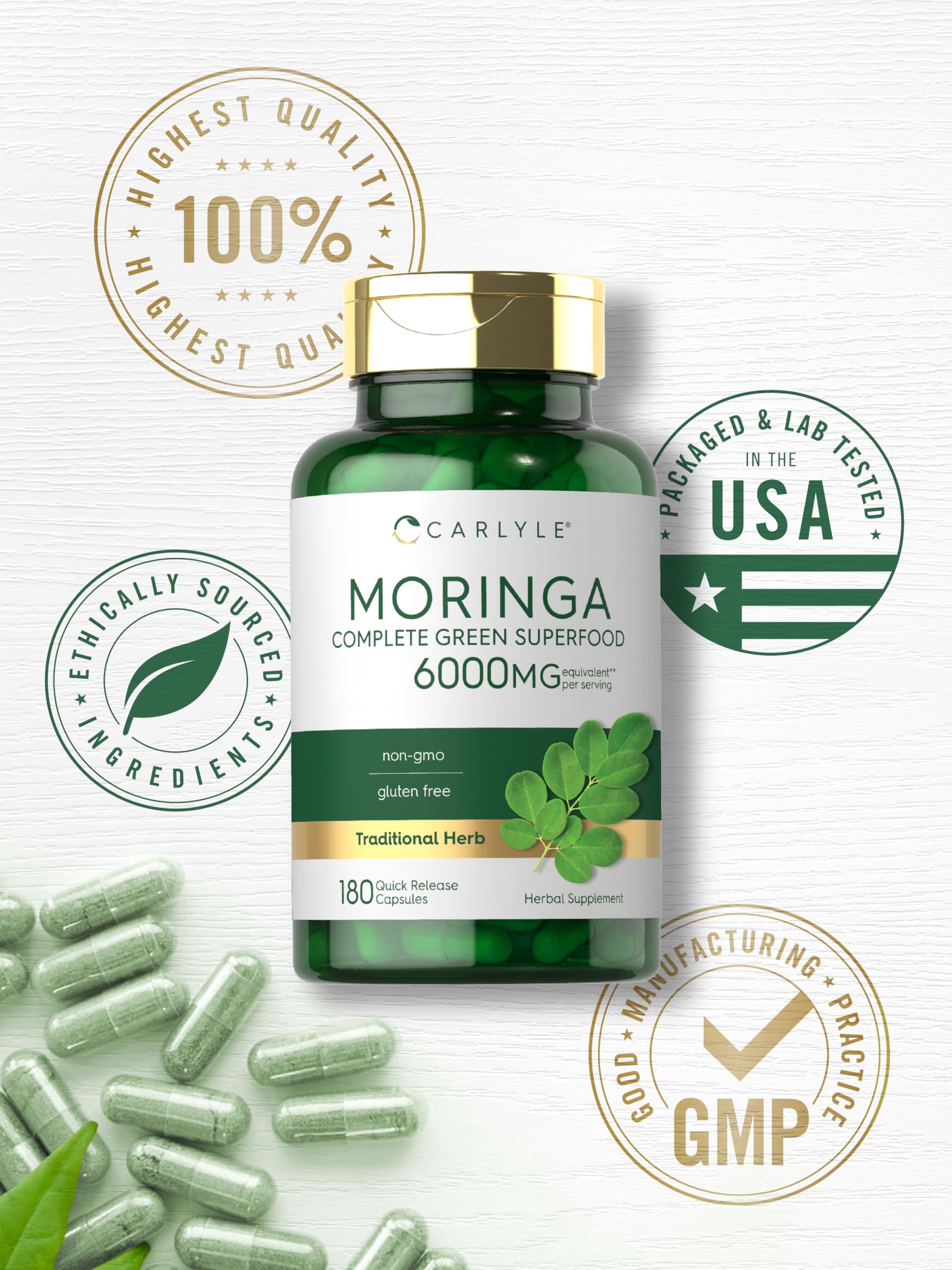 Carlyle Moringa Oleifera Supplement | 180 Capsules | Complete Green Superfood for Women and Men | Non-GMO and Gluten Free | from Moringa Leaf Powder Carlyle Au supplements