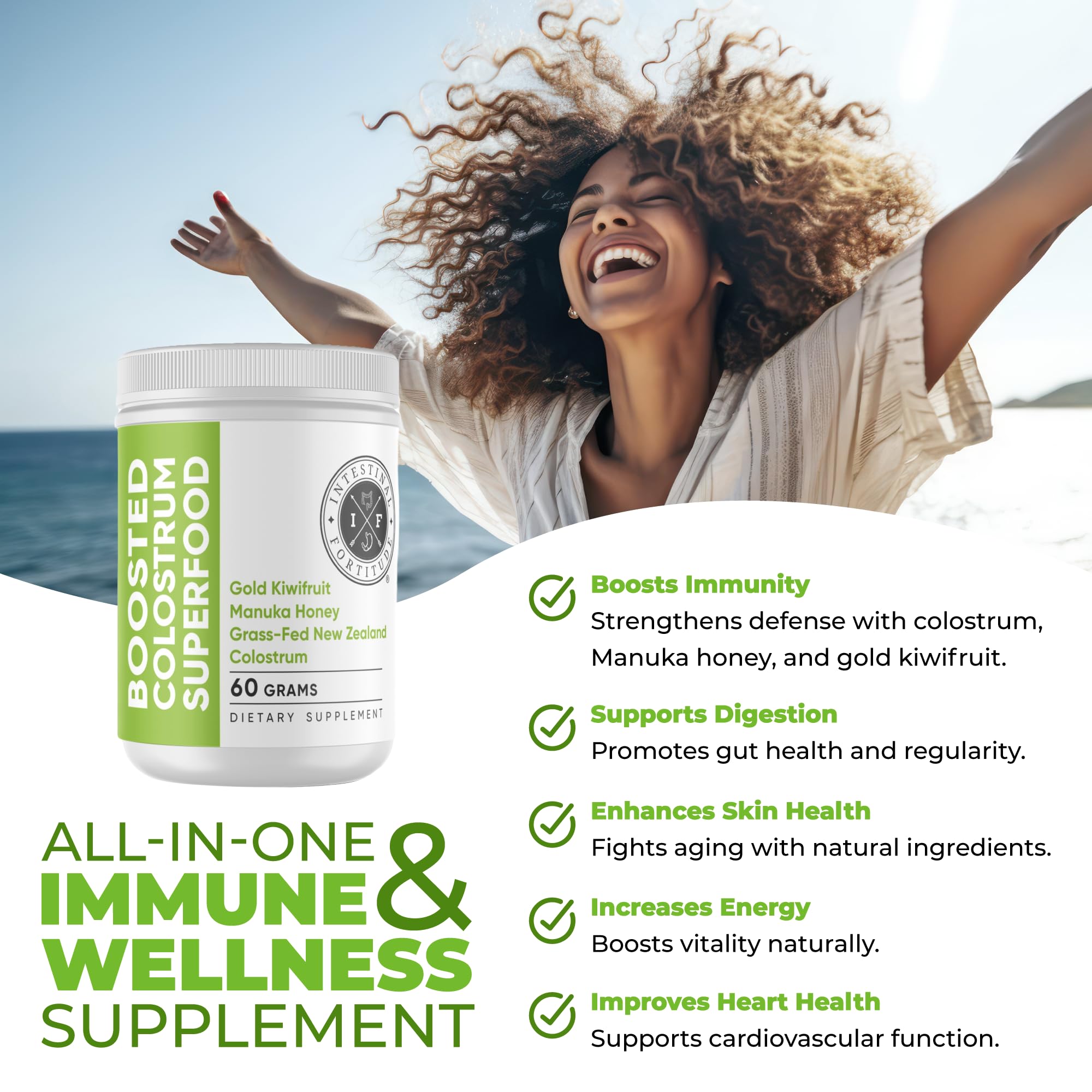 Intestinal Fortitude Boosted Colostrum Superfood Dietary Supplement: Grass-Fed New Zealand Bovine Colostrum, Gold Kiwifruit, Manuka Honey, for Digestion, Immune System, and Gut Health (60 Grams) Intestinal Fortitude Au supplements