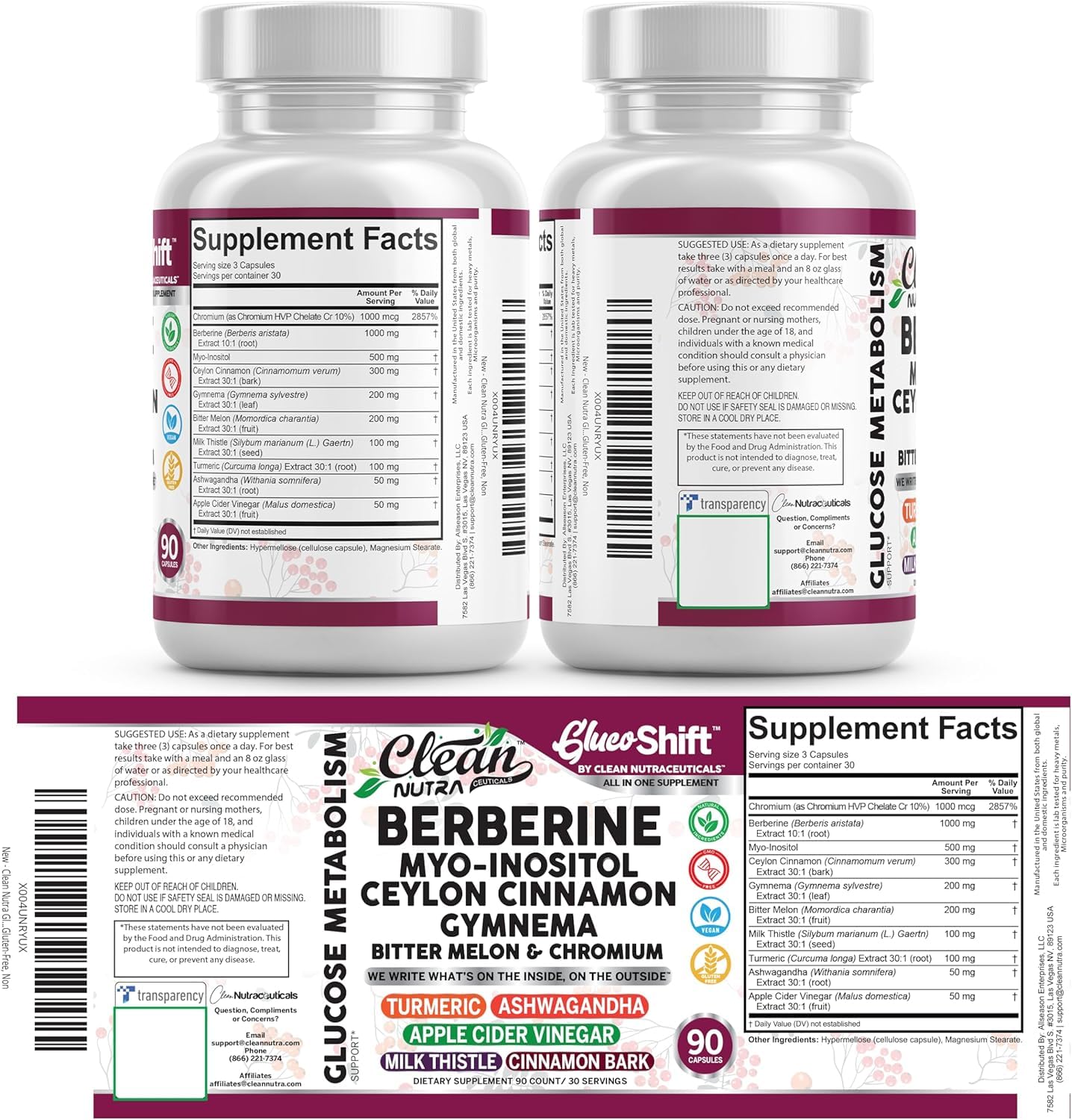 Clean Nutra Berberine Supplement Myo-Inositol Ceylon Cinnamon Gymnema Bitter Melon Chromium Complex for Digestion, Antioxidant Support & Wellness 90 Vegan Capsules Non-GMO Clean Nutraceuticals Au supplements
