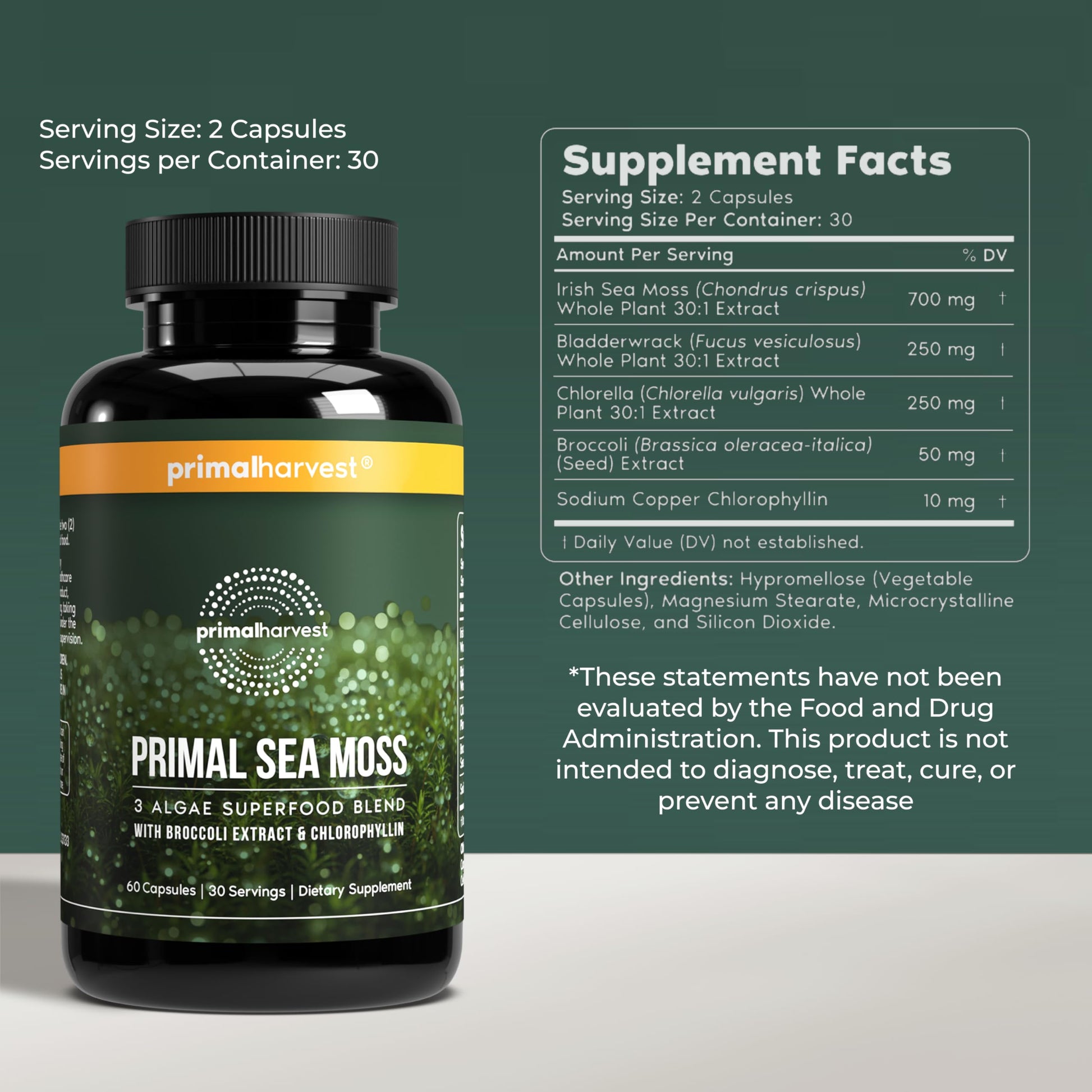 Primal Harvest Sea Moss Capsules with Bladderwack and Irish Sea Moss, Chlorella, Broccoli Seed Extract Plant-Based Supplements for Adults Primal Harvest Au supplements