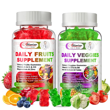 Sugar-Free Fruits & Veggies Gummies, Super Greens with 23 Fruits & 25 Veggies, Multivitamin Minerals & Fiber, Vegan Fruit & Vegetable Supplement for Adults, 120 Gummies, 2 Month Supply Alliwise Au supplements