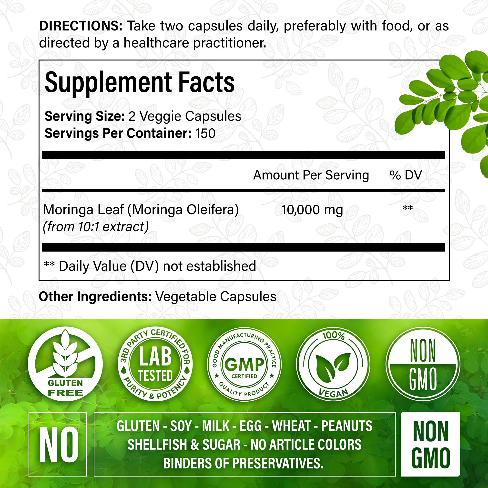 Moringa Capsules| Moringa Oleifera |10,000mg| 300 Capsules| 100% Pure| Non-GMO FitVitality Au supplements