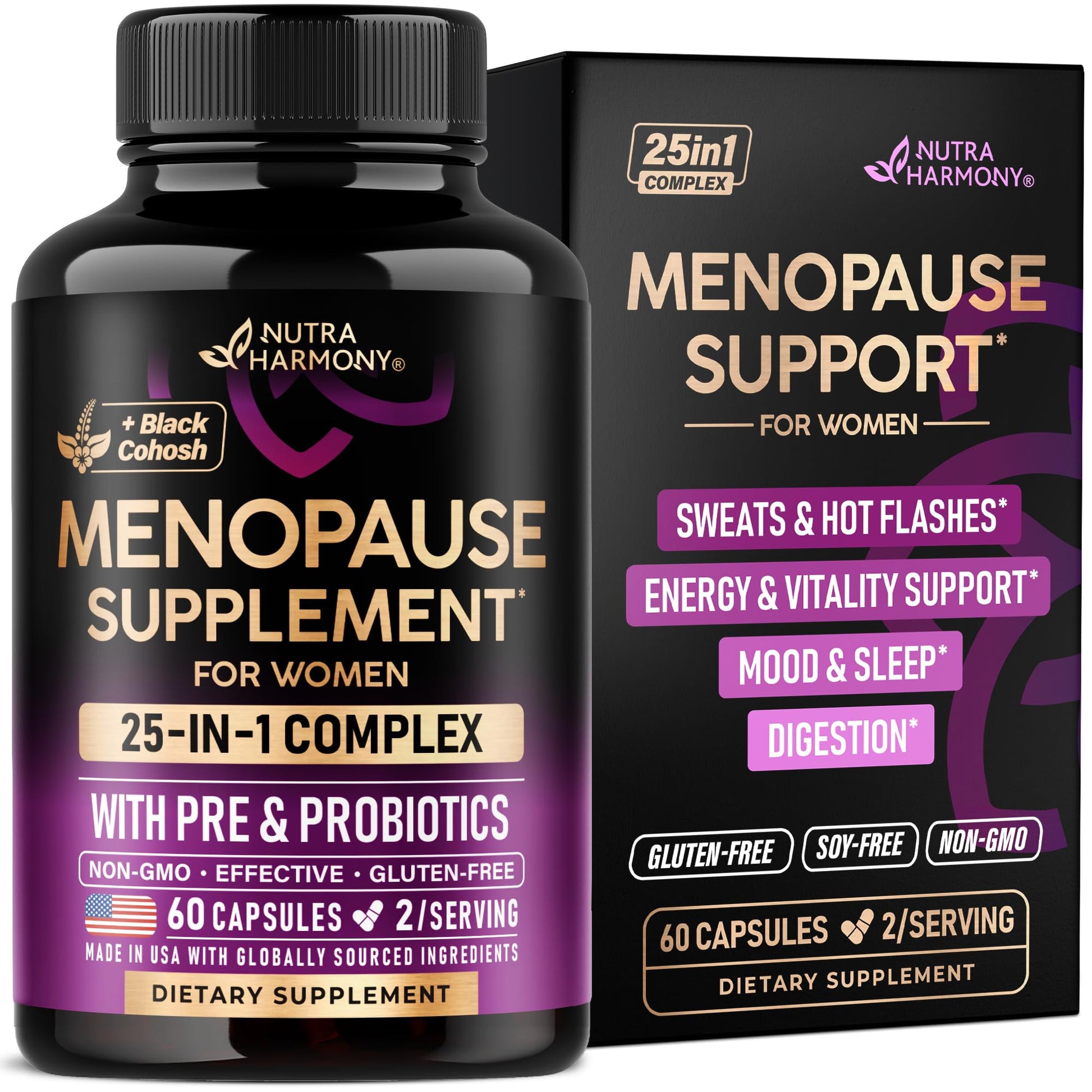 Menopause Supplements for Women - Dong Quai, Black Cohosh, Pre & Probiotics - Sweats & Hot Flashes Relief - Digestion, Sleep & Mood Support - 25-in-1 Perimenopause Complex - Made in USA - 60 Capsules NUTRAHARMONY Au supplements