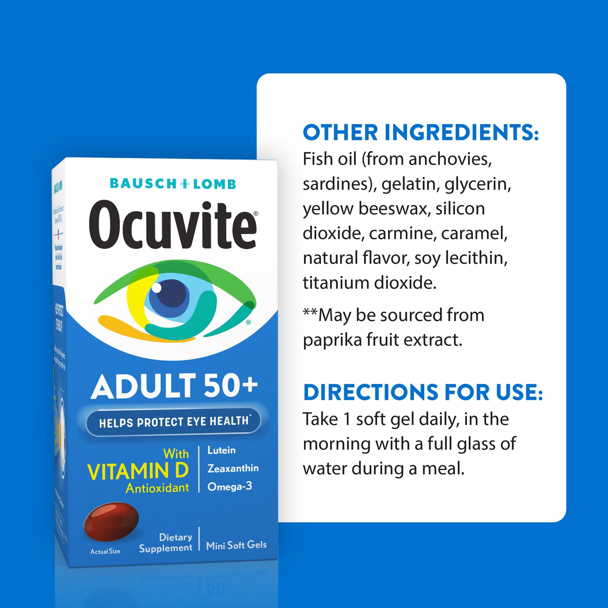 Ocuvite 50+ Eye Vitamin & Mineral Supplement, Multivitamin for Vision & Ocular Health with Omega-3, Zinc, Vitamins C & E, Lutein & Zeaxanthin, Zinc Supplements for Women and Men, 50 Softgels Ocuvite Au supplements