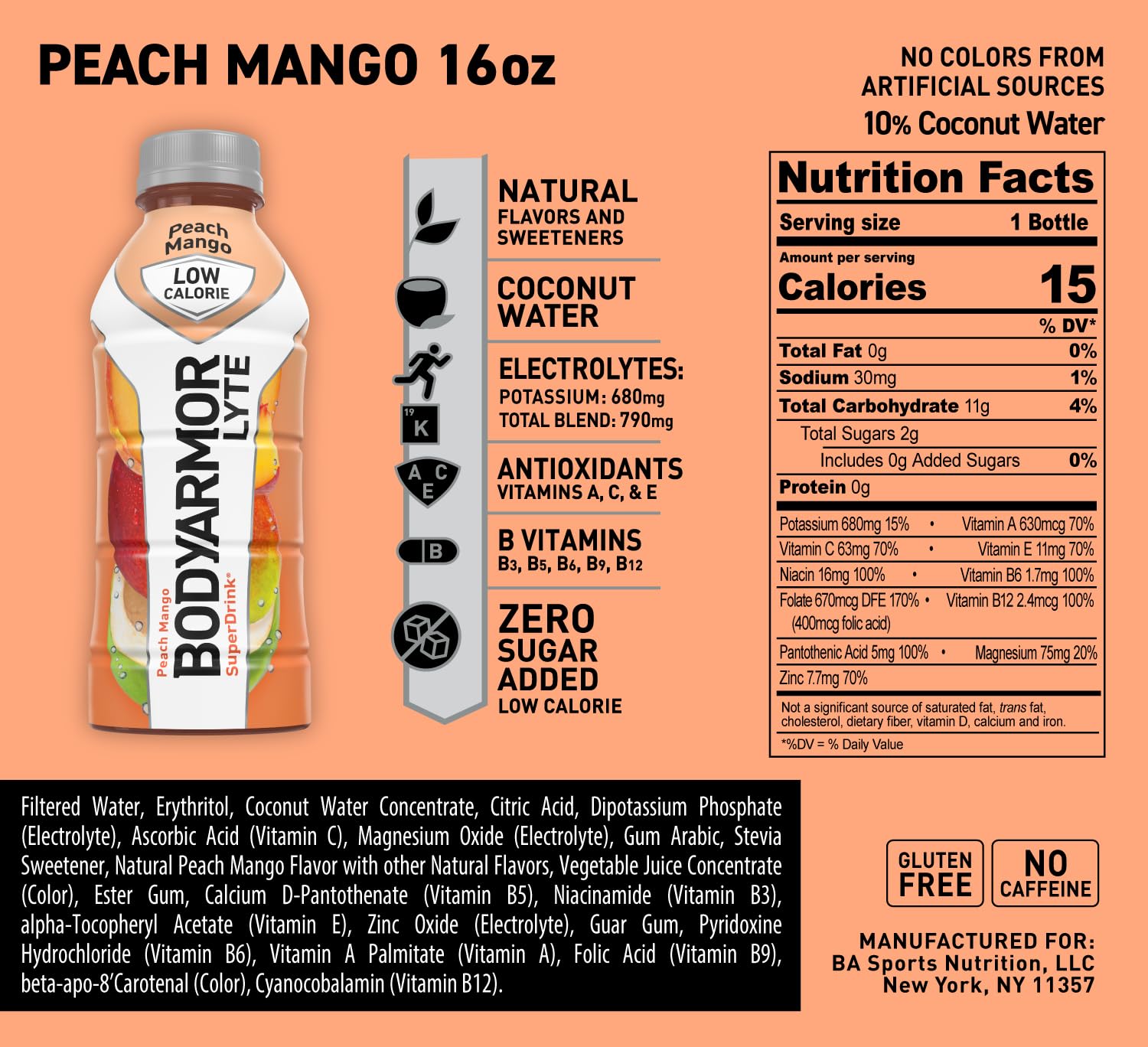 BODYARMOR LYTE Sports Drink Low-Calorie Sports Beverage, Peach Mango, Coconut BODYARMOR Au supplements