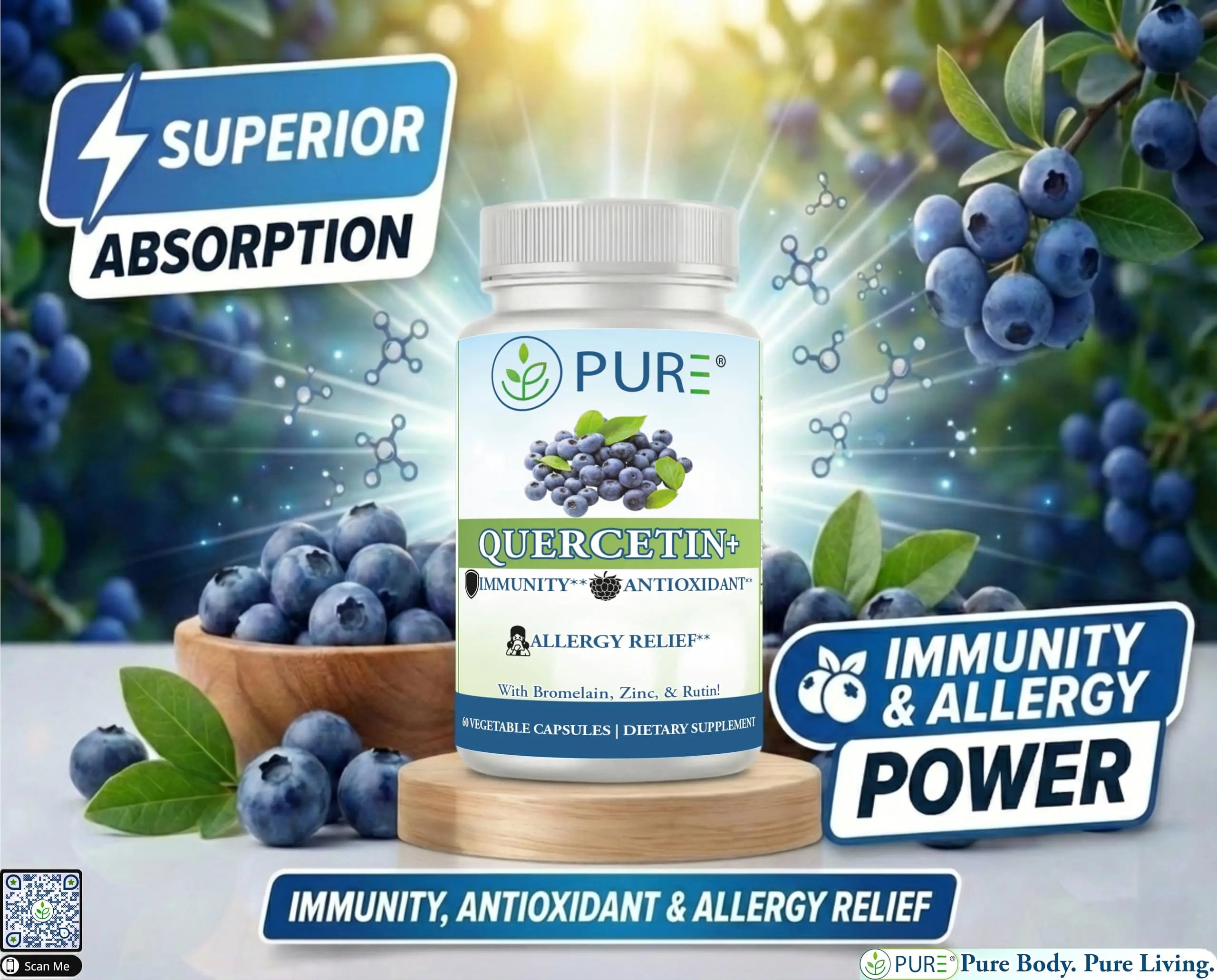 PURE® Quercetin+ with Zinc, Bromelain, Rutin Immune Shield - 60 Capsules - High Bioavailability Antioxidant Complex for Respiratory Health & Viral Defense - Made in USA PURE Au supplements
