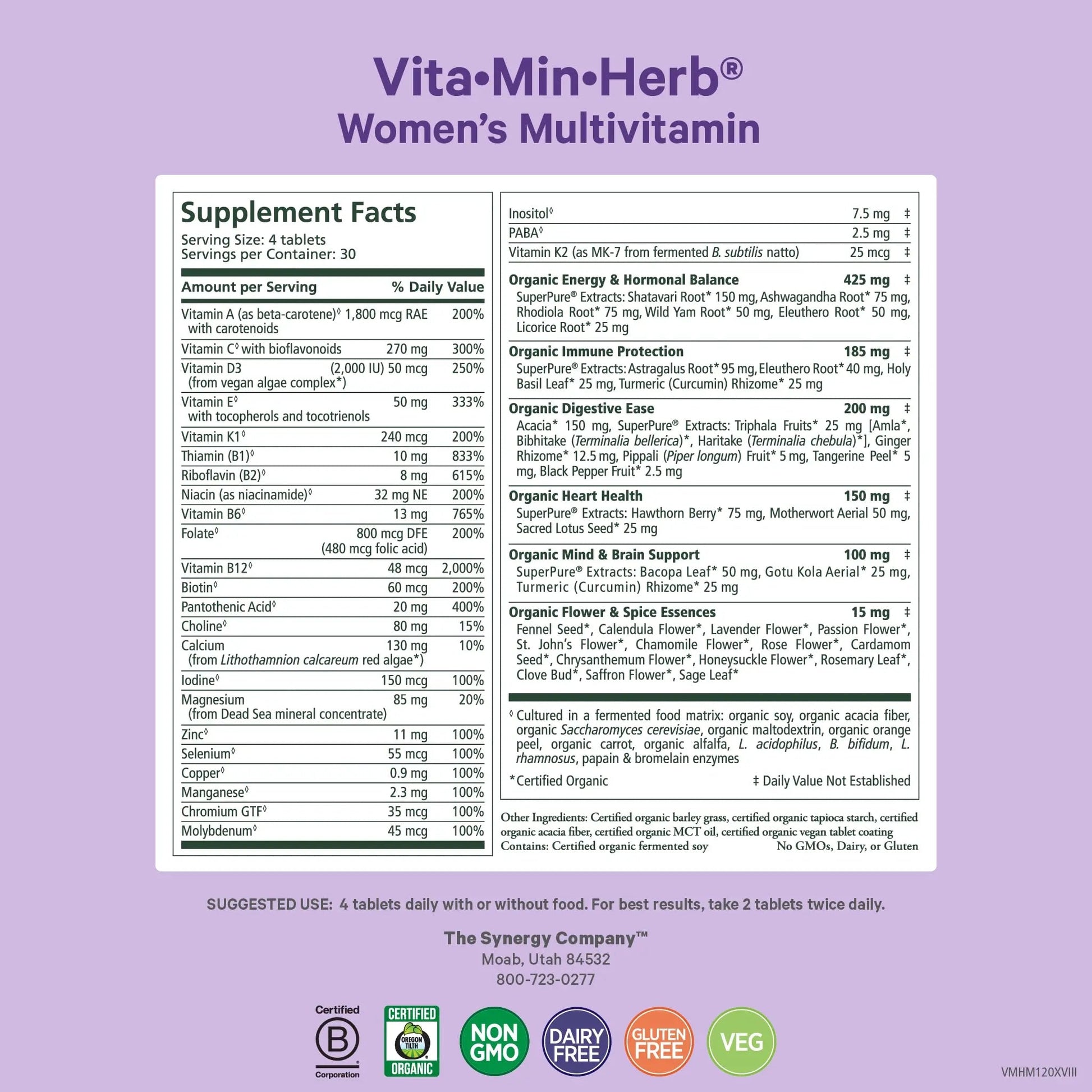 PURE SYNERGY Vita·Min·Herb for Women | Women’s Comprehensive Multivitamin Supplement | Made with Organic Whole Food Non-GMO & Vegan Ingredients | PURE SYNERGY Au supplements