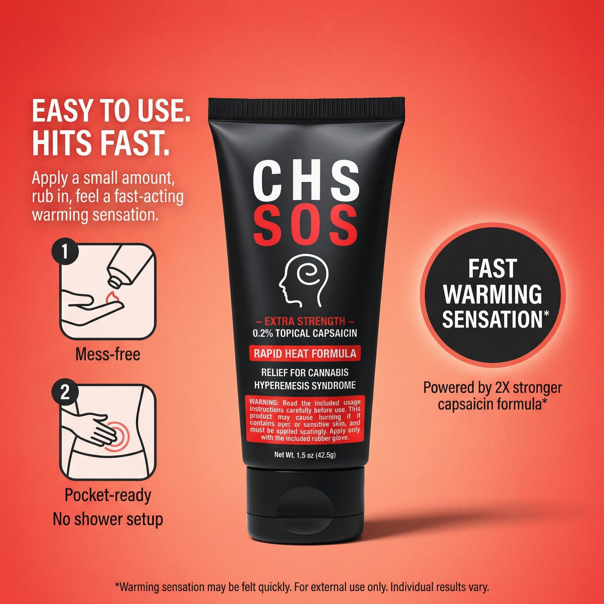 CHS SOS Warming Relief Cream – High Potency Capsaicin Topical for Abdominal & Muscle Discomfort – Soothing Warming Sensation for Targeted Comfort – Fast-Acting, Non-Greasy Formula – 1.5 oz x 2pack CHS SOS Au supplements