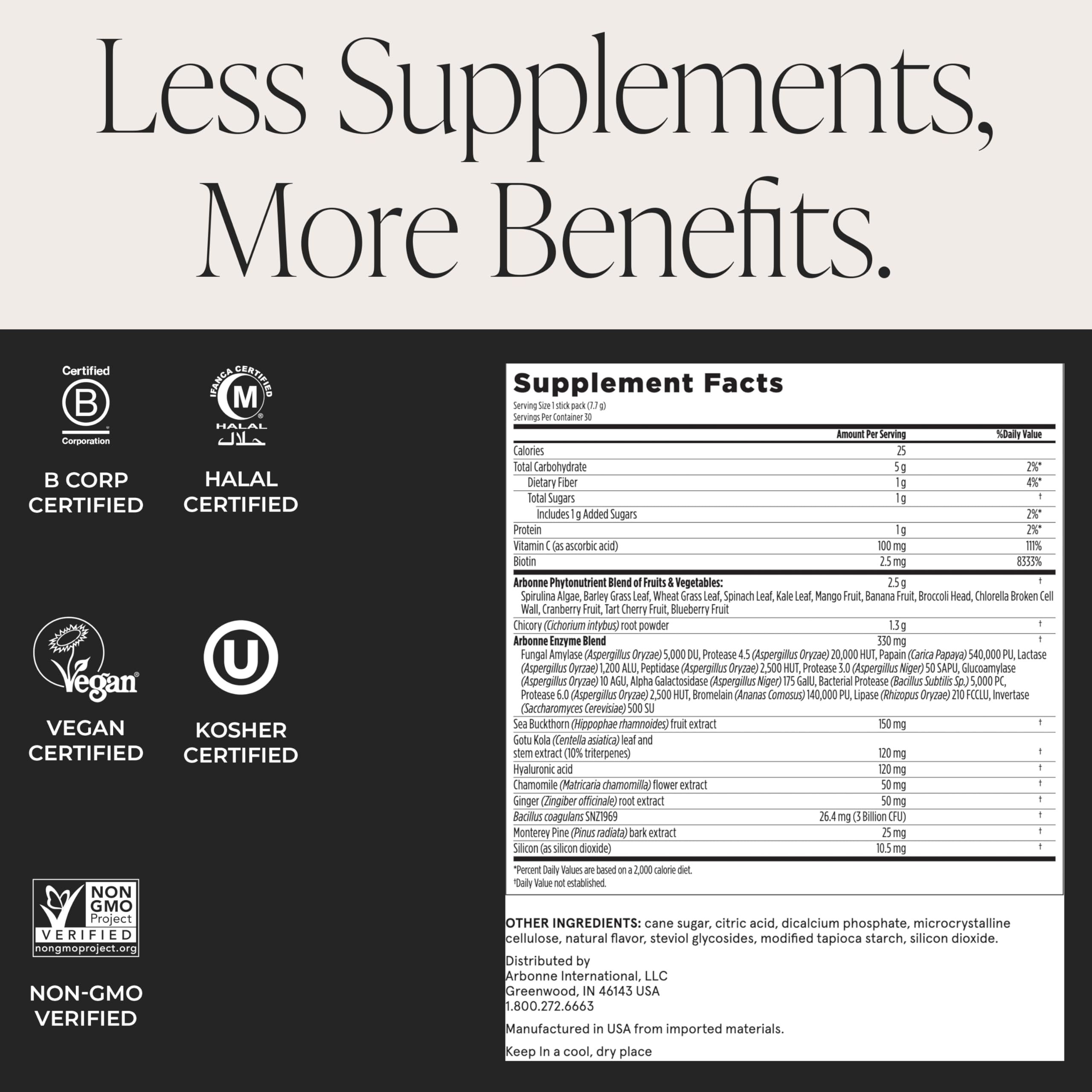 Arbonne GreenSynergy Elixir – Citrus-Flavored Greens Powder with 13 Digestive Enzymes, Vegan Collagen Builder, Probiotics, and Prebiotics – Supports Gut Health and Digestion – 30 Stick Packs Arbonne Au supplements