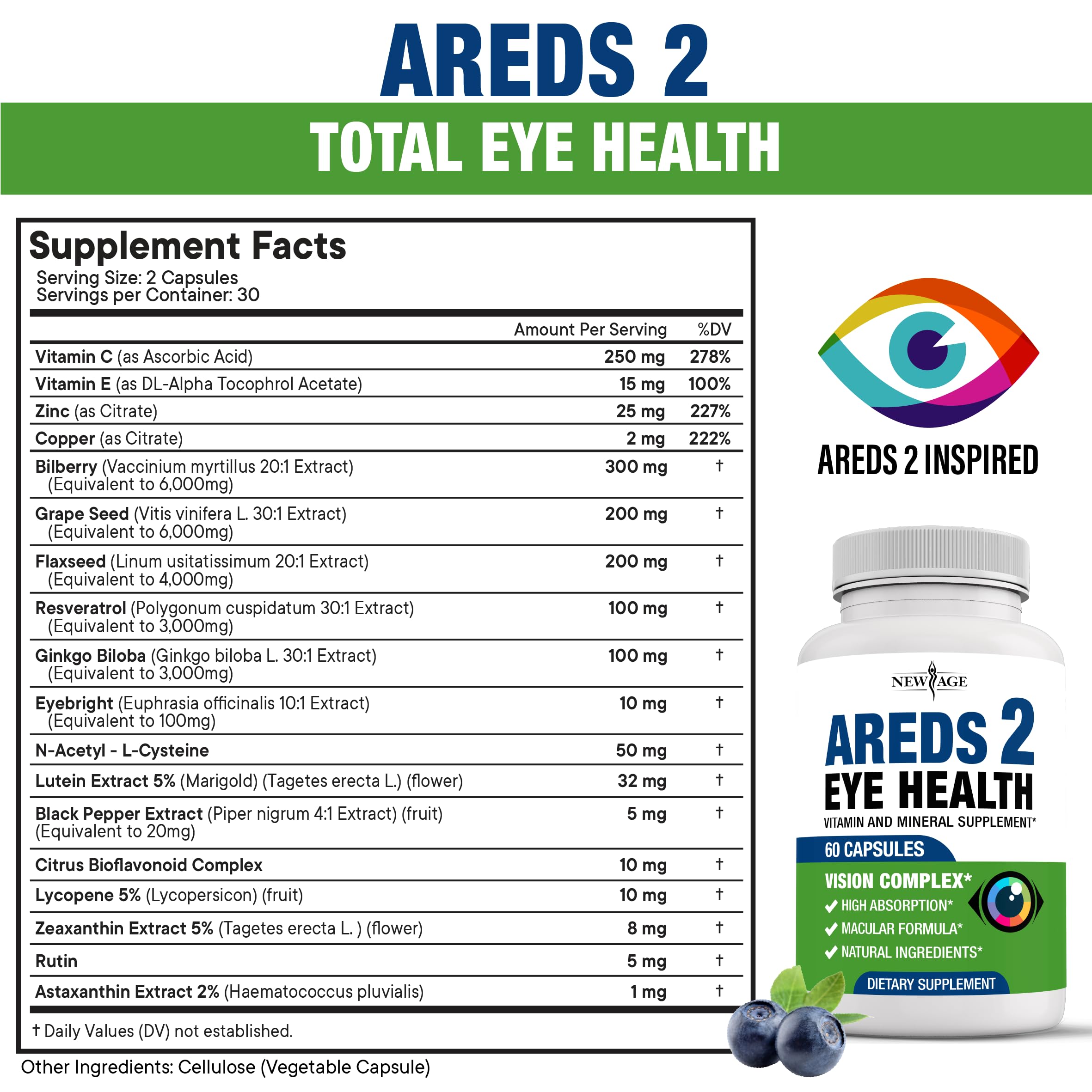 NEW AGE AREDS 2 Eye Vitamins - Lutein, Zeaxanthin, Bilberry, Astaxanthin Mineral Vision Supplement - 180 Count NEW AGE Au supplements