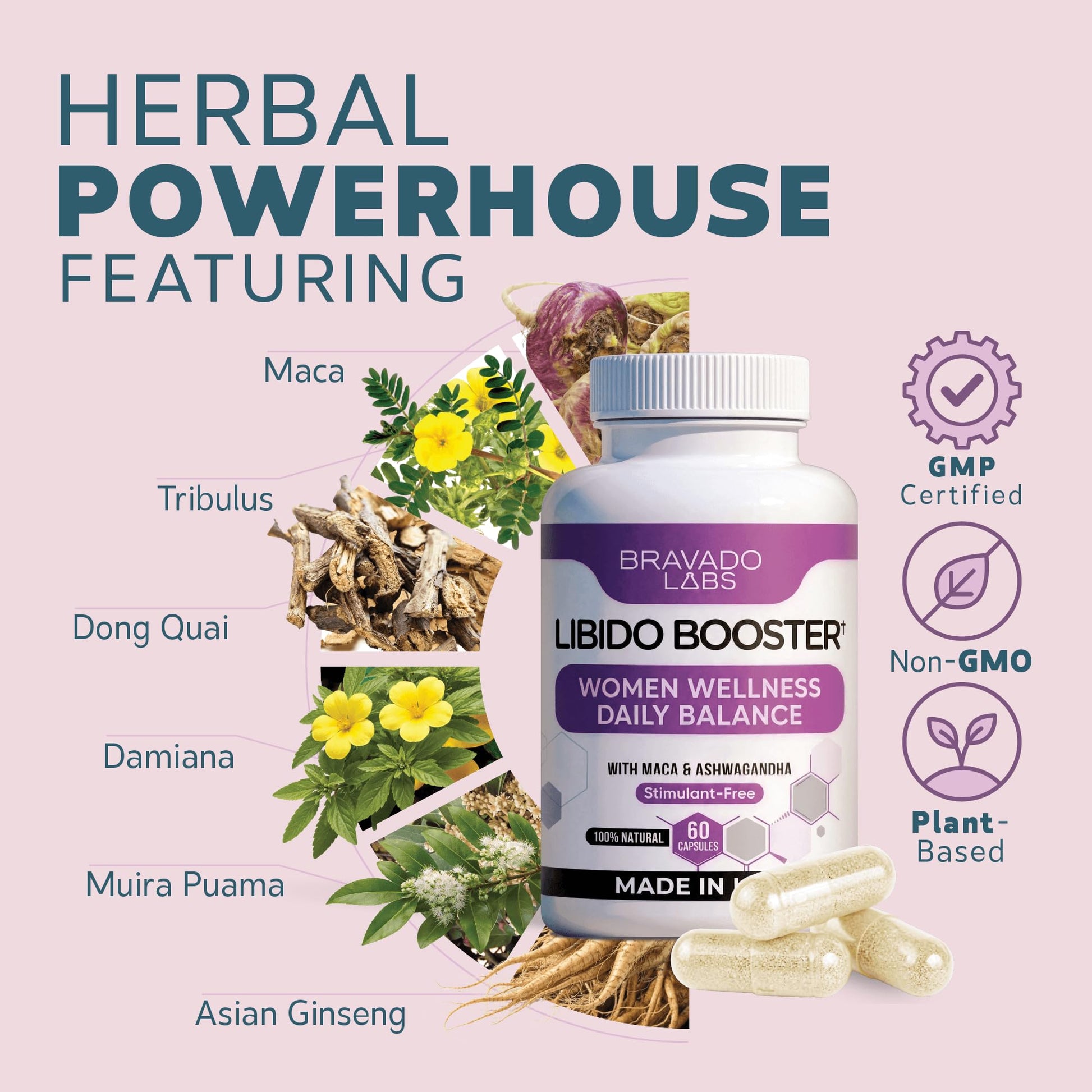 Female Libido Booster for Women – Advanced Women’s Intimacy & Confidence Support – Plant-Based Herbal Blend with Maca, Ginseng & L-Arginine – Made in USA – 60 Capsules Bravado Labs Au supplements