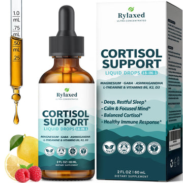 Cortisol Supplements for Women & Men, 18 in 1 Stress & Mood Support Drops with Magnesium 480mg, GABA, Ashwagandha, L-Theanine & Phosphatidylserine, for Relaxation & Sleep, Lemon Raspberry Flavor 60mL Rylaxed Au supplements