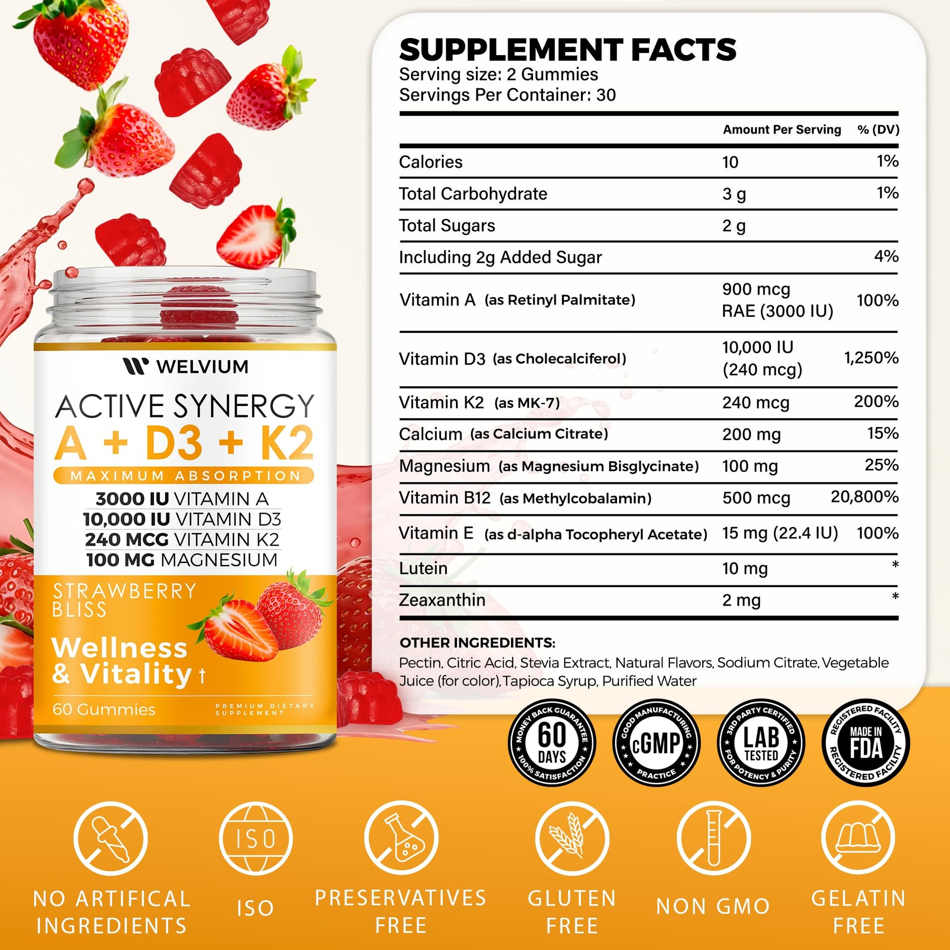 WELVIUM Vitamin D3 K2 Gummies 10000 IU with Magnesium Glycinate, Calcium, B12, K2 MK-7, Vitamins A, E, Lutein, Zeaxanthin - ADK Chewable Supplement for Bone, Eye, Immune Support - D3K2 Gummies WELVIUM Au supplements
