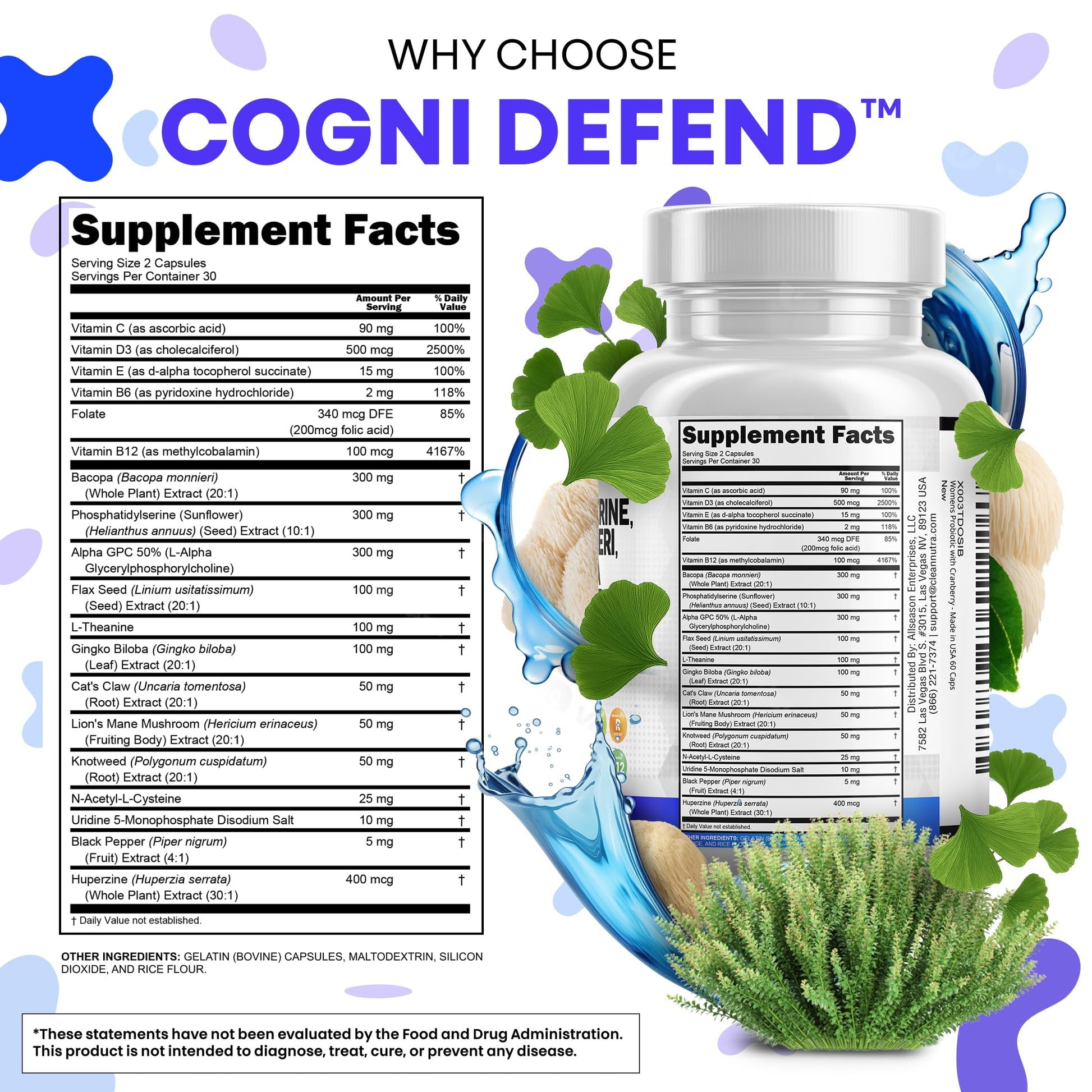 Brain Supplement Alpha GPC 300mg Phosphatidylserine Bacopa Monnieri Ginkgo Biloba Lions Mane Huperzine A L-Theanine NAC Nootropic Memory Focus Cognitive Support Vitamins B C D E 60 Capsules USA Clean Nutraceuticals Au supplements