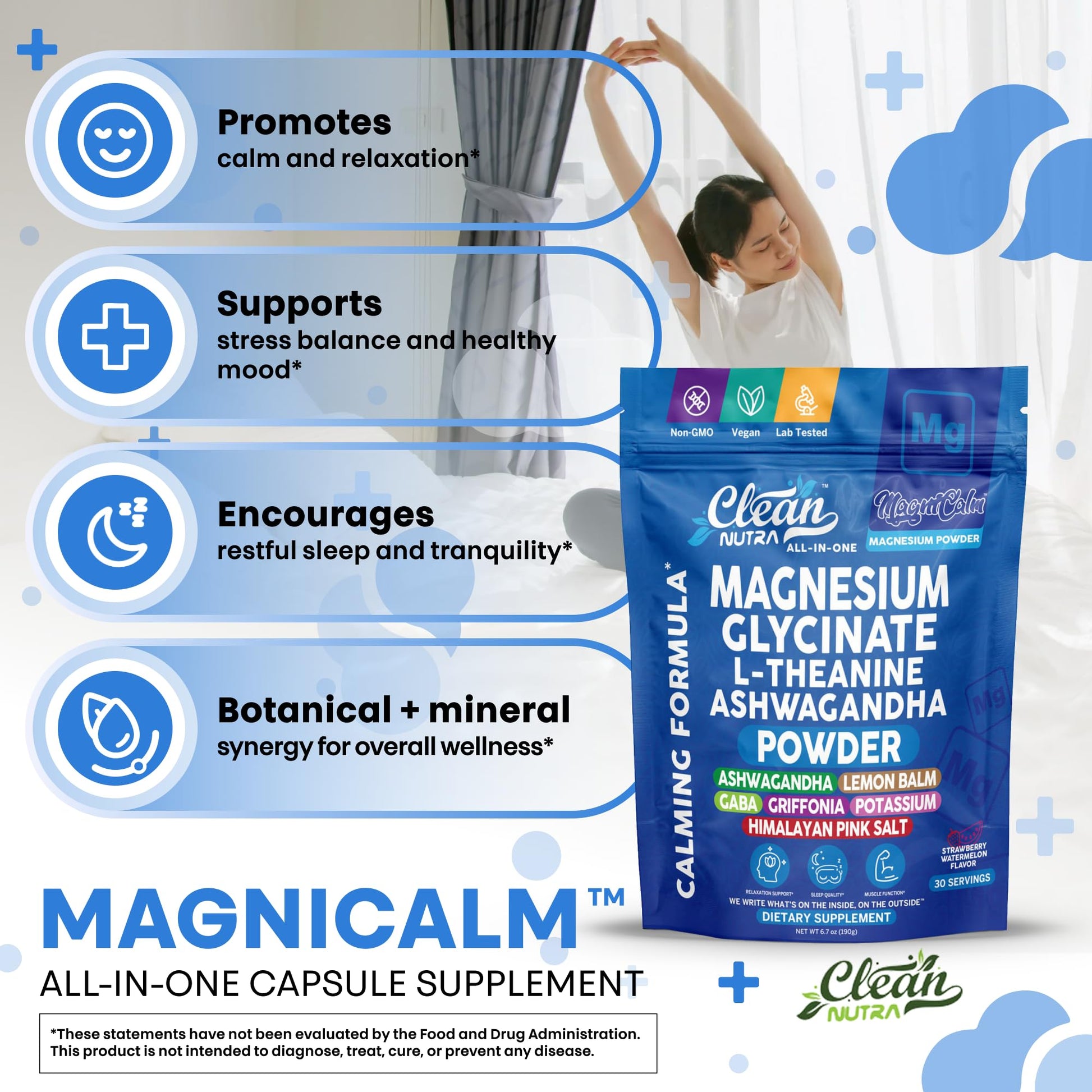 Magnesium Glycinate Powder Supplement + L Theanine Ashwagandha Glycine Apigenin Lemon Balm GABA 5HTP Pink Salt Potassium L Tryptophan Calcium | Powdered Sleep Aid Calm Trace Minerals Vitamin Clean Nutraceuticals Au supplements