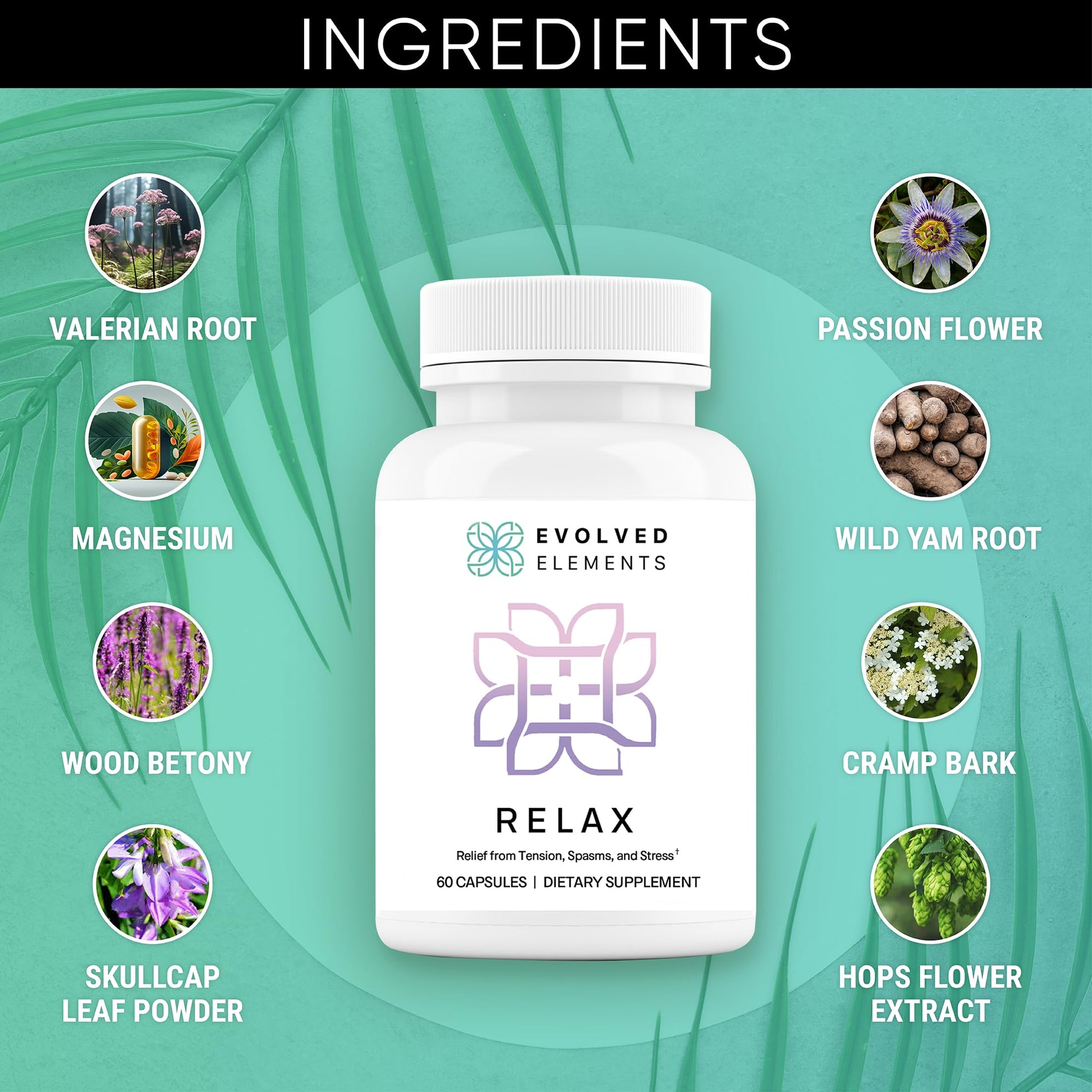 Evolved Elements All-Natural Muscle Relaxer | 60 Capsules | Spasm Relief with Magnesium, Passion Flower, and Valerian Root | Relieves Muscle Spasms, Tension, and Promotes Calmness Evolved Elements Au supplements