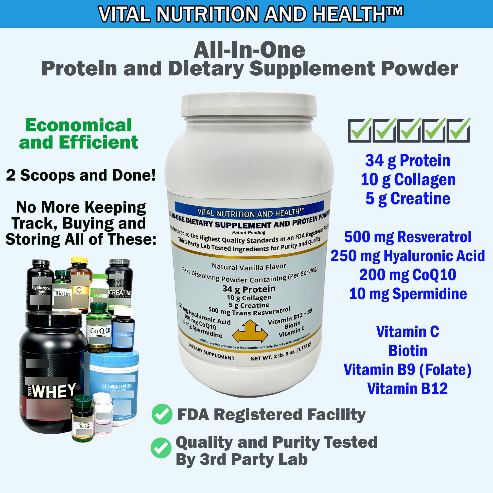 Vital Nutrition and Health All-in-One Powder: Protein, Collagen, Creatine, Resveratrol, Spermidine, Hyaluronic Acid, CoQ10 + Key Vitamins Vital Nutrition and Health Au supplements