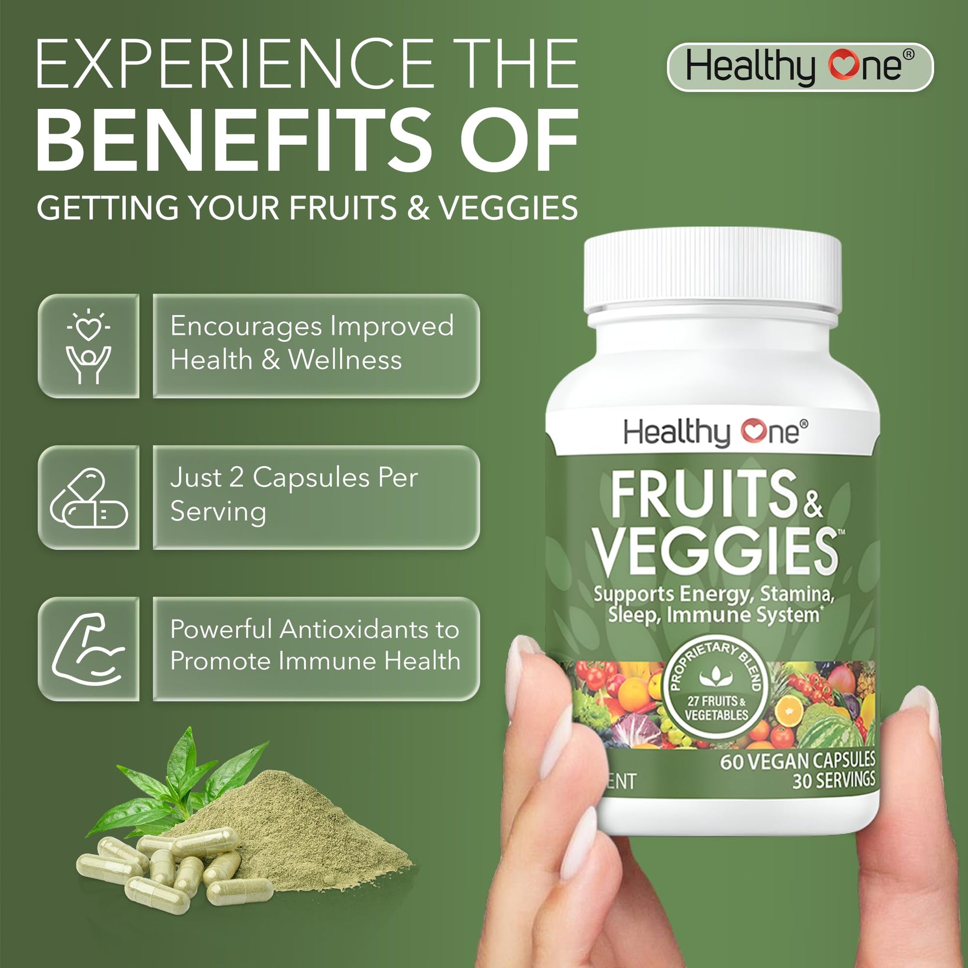 Fruits & Veggies Formula - 27 Premium Whole Foods - Organic Ingredients - Equals 3 Servings of Fruits & Vegetables - Improve Energy, Focus & Immune Function - Fiber - Antioxidants - 150ct (75 Serv) Healthy One Au supplements