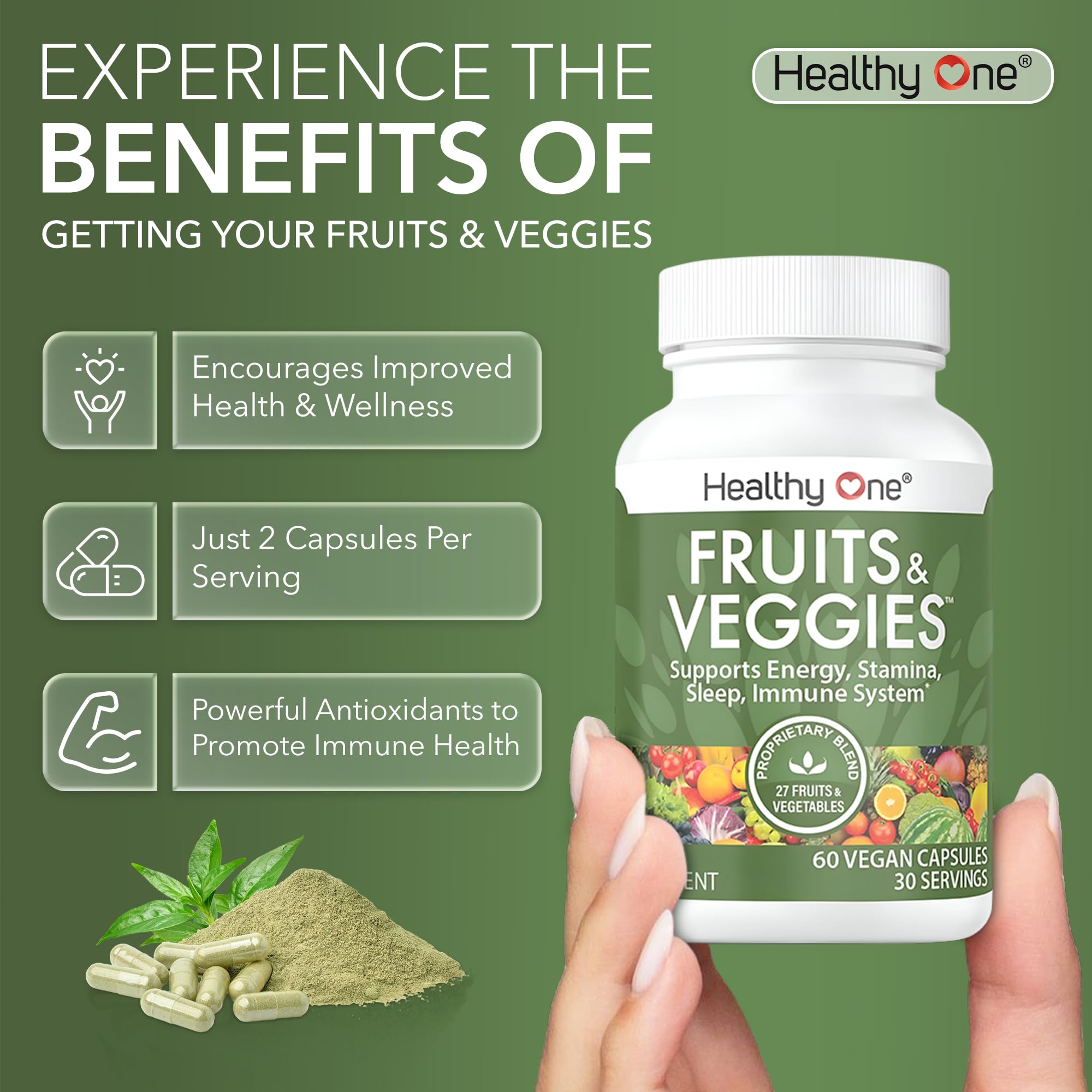 Fruits & Veggies Formula - 27 Premium Whole Foods - Organic Ingredients - Equals 3 Servings of Fruits & Vegetables - Improve Energy, Focus & Immune Function - Fiber - Antioxidants - 120ct (60 Serv) Healthy One Au supplements