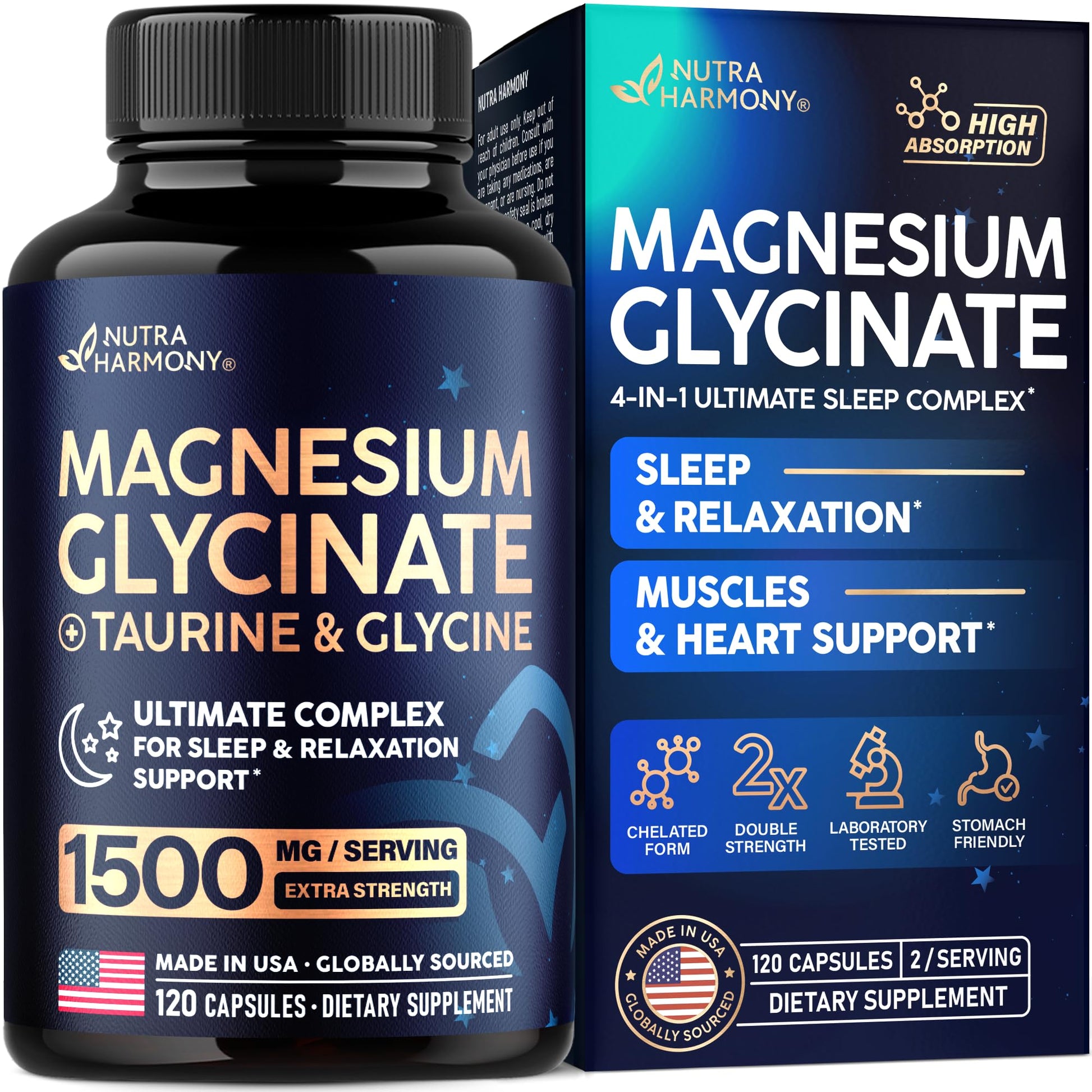 Magnesium Glycinate - Sleep & Relaxation Support - Extra Strength Glycinate, Glycine & Taurine 1500 mg - Magnesium Supplement for Women & Men - Chelated & High Absorption - Made in USA - 120 Capsules NUTRAHARMONY Au supplements