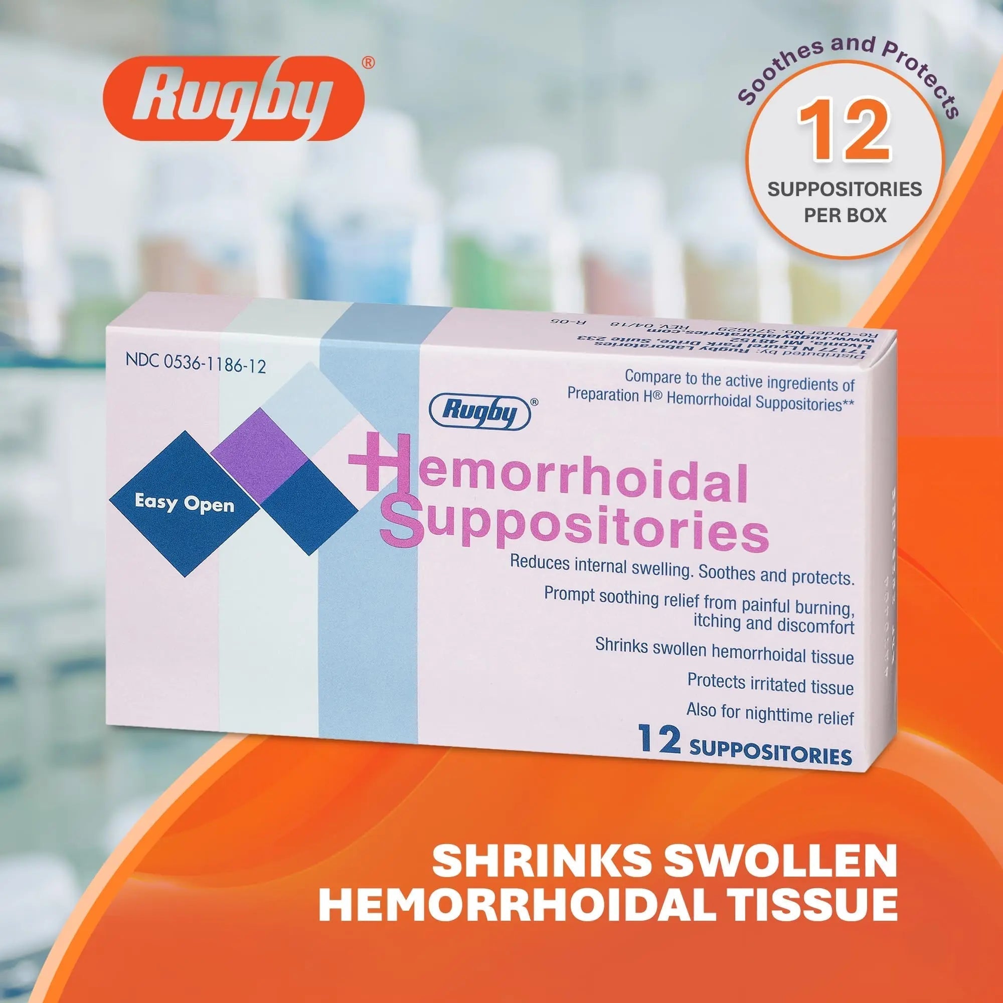Rugby Hemorrhoidal Suppositories - Soothing and Shrinking Action for Internal Hemorrhoids with Cocoa Butter and Phenylephrine HCl, Easy Open Design - 12 Count RUGBY LABORATORIES Au supplements