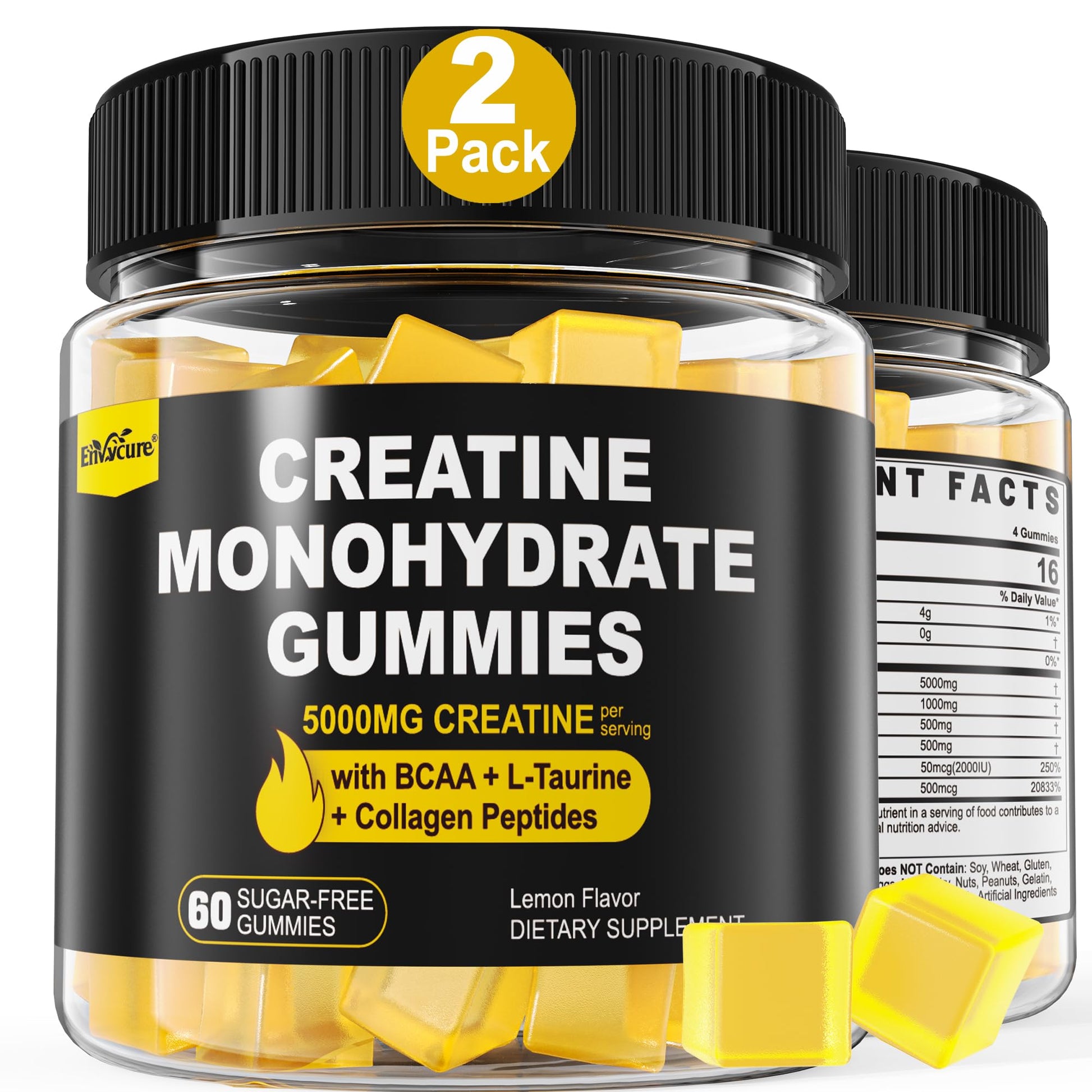 Creatine Monohydrate Gummies for Men & Women - with BCAA, Collagen Peptides, L-Taurine, Vitamin B12, D3, Chewables Creatine Monohydrate 5g Per Serving, Natural Lemon Flavor, Sugar Free, 2 Pack EnvyCure Au supplements