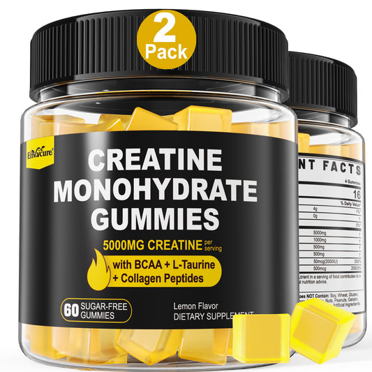 Creatine Monohydrate Gummies for Men & Women - with BCAA, Collagen Peptides, L-Taurine, Vitamin B12, D3, Chewables Creatine Monohydrate 5g Per Serving, Natural Lemon Flavor, Sugar Free, 2 Pack EnvyCureBuy Supplements Australia