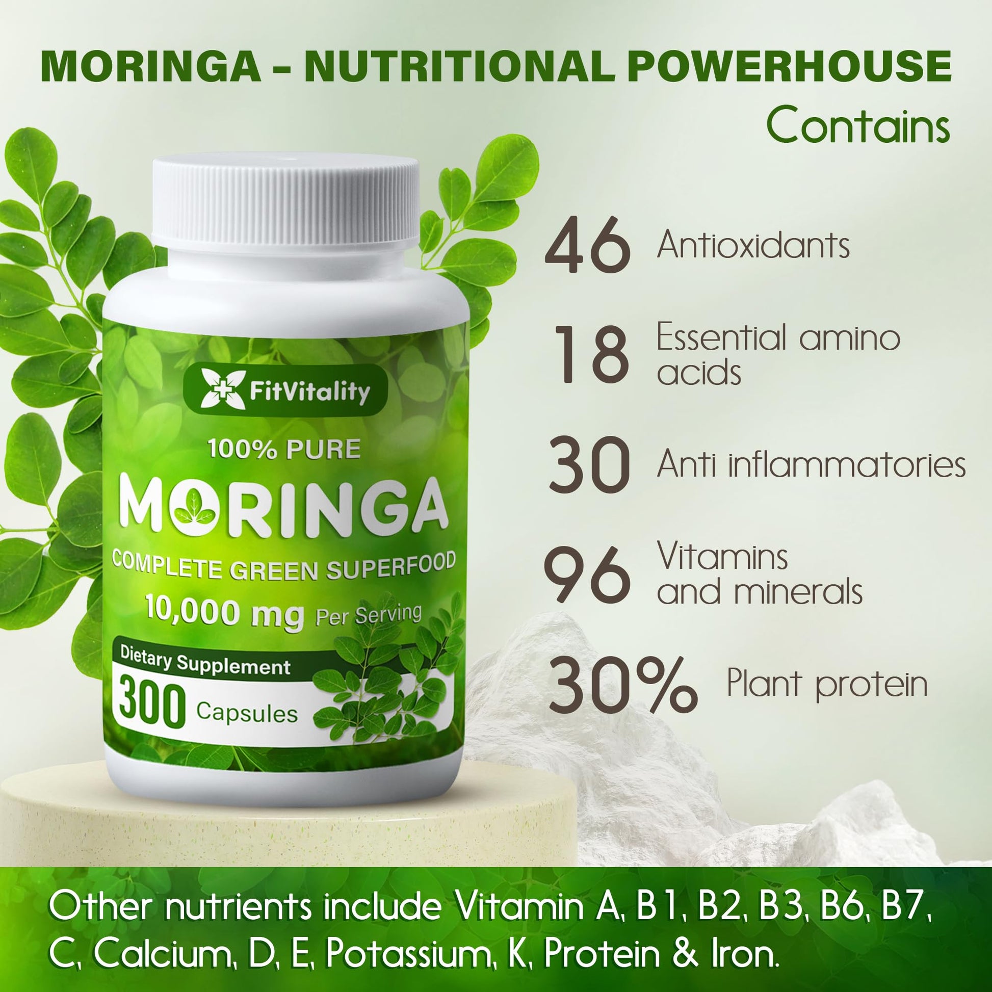Moringa Capsules| Moringa Oleifera |10,000mg| 300 Capsules| 100% Pure| Non-GMO FitVitality Au supplements