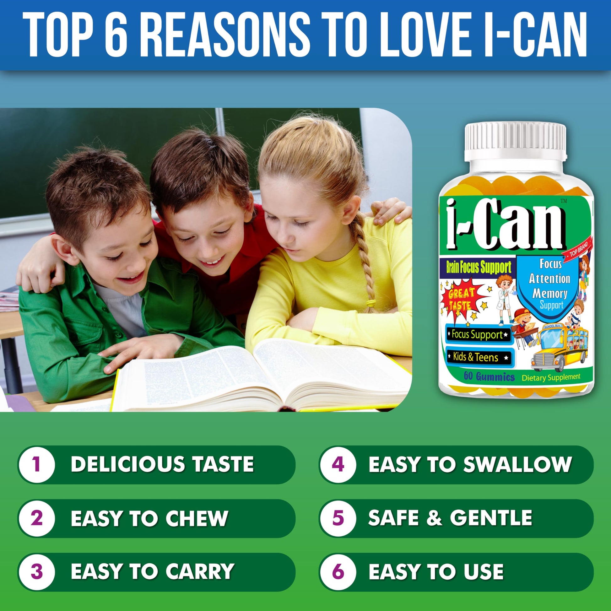 I-Can Focus Gummies for Kids & Teens, Omega 3 Gummies with DHA & EPA, Brain Health, Memory, Attention Support, Teen Brain Focus Vitamins, Non-Fishy Taste, Low Sugar, 60 Count Celebrity LifeStyle Product Au supplements