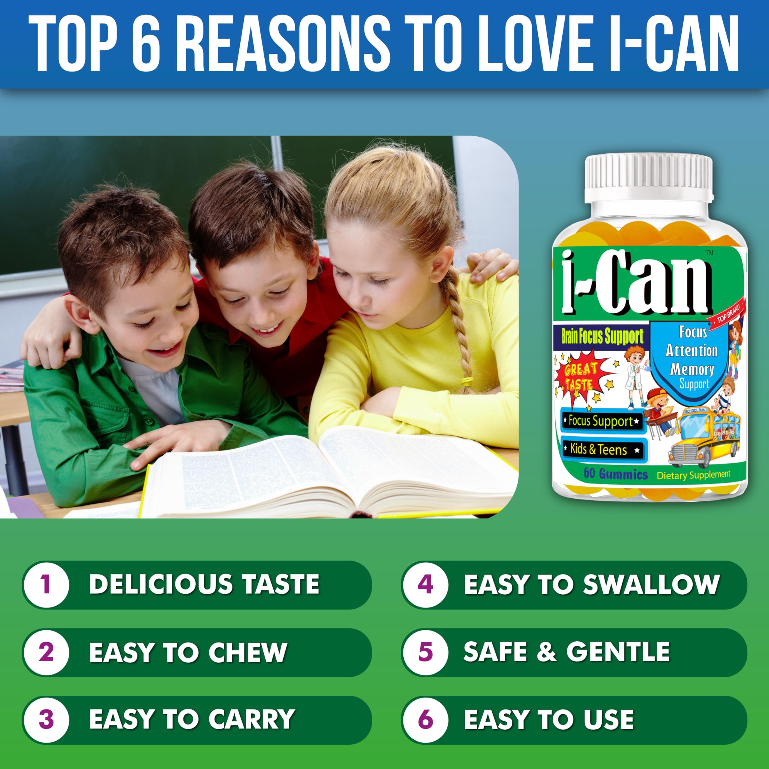 I-Can Focus Gummies for Kids & Teens, Omega 3 Gummies with DHA & EPA, Brain Health, Memory, Attention Support, Teen Brain Focus Vitamins, Non-Fishy Taste, Low Sugar, 60 Count Celebrity LifeStyle Product Au supplements